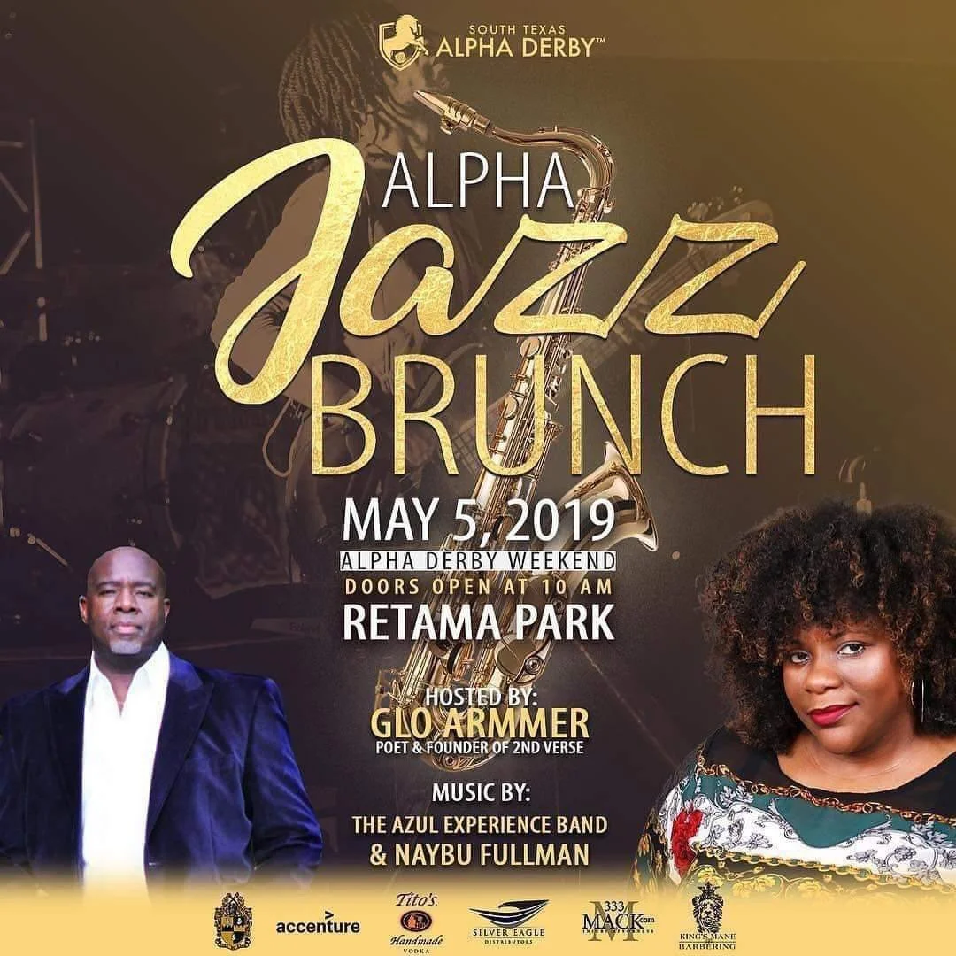 Event poster for the South Texas Alpha Jazz Brunch on May 5, 2019, at Retama Park, hosted by Gloarmmer. Features images of a man in a velvet suit and a woman with curly hair, with a background of a saxophone.