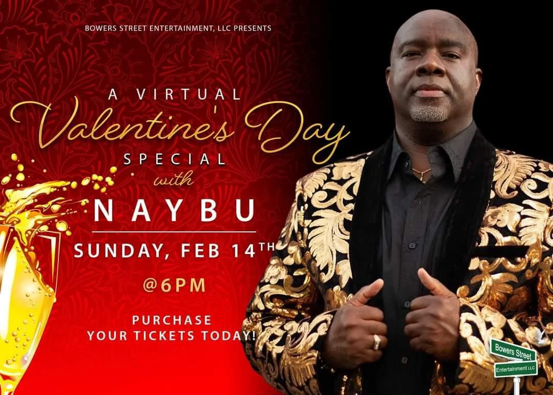 Event poster for a virtual Valentine's Day special featuring Naybu on Sunday, February 14th at 6 PM, with tickets available for purchase. The poster has a red background with gold accents and a photo of Naybu wearing a black and gold jacket.