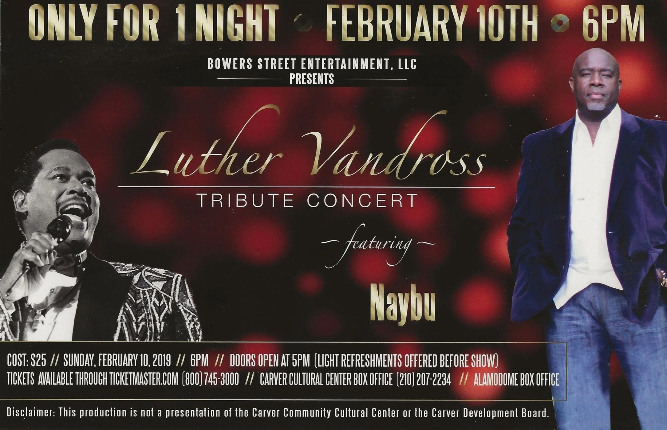 Event flyer for a Luther Vandross tribute concert at the Alamodome. The event is scheduled for February 10th at 6 PM, with tickets costing $25 and doors opening at 5 PM. Features a photo of Luther Vandross singing and another of a man in a suit. Pres