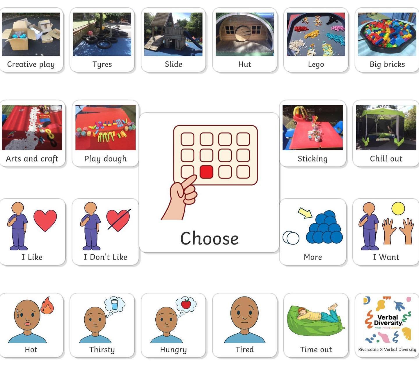 This bespoke symbol AAC choice board was beneficial for diverse communicators at their  summer festival.  It enabled them to express their needs and preferences comfortably in a busy environment. Want to know more?  Need help creating your own? The V