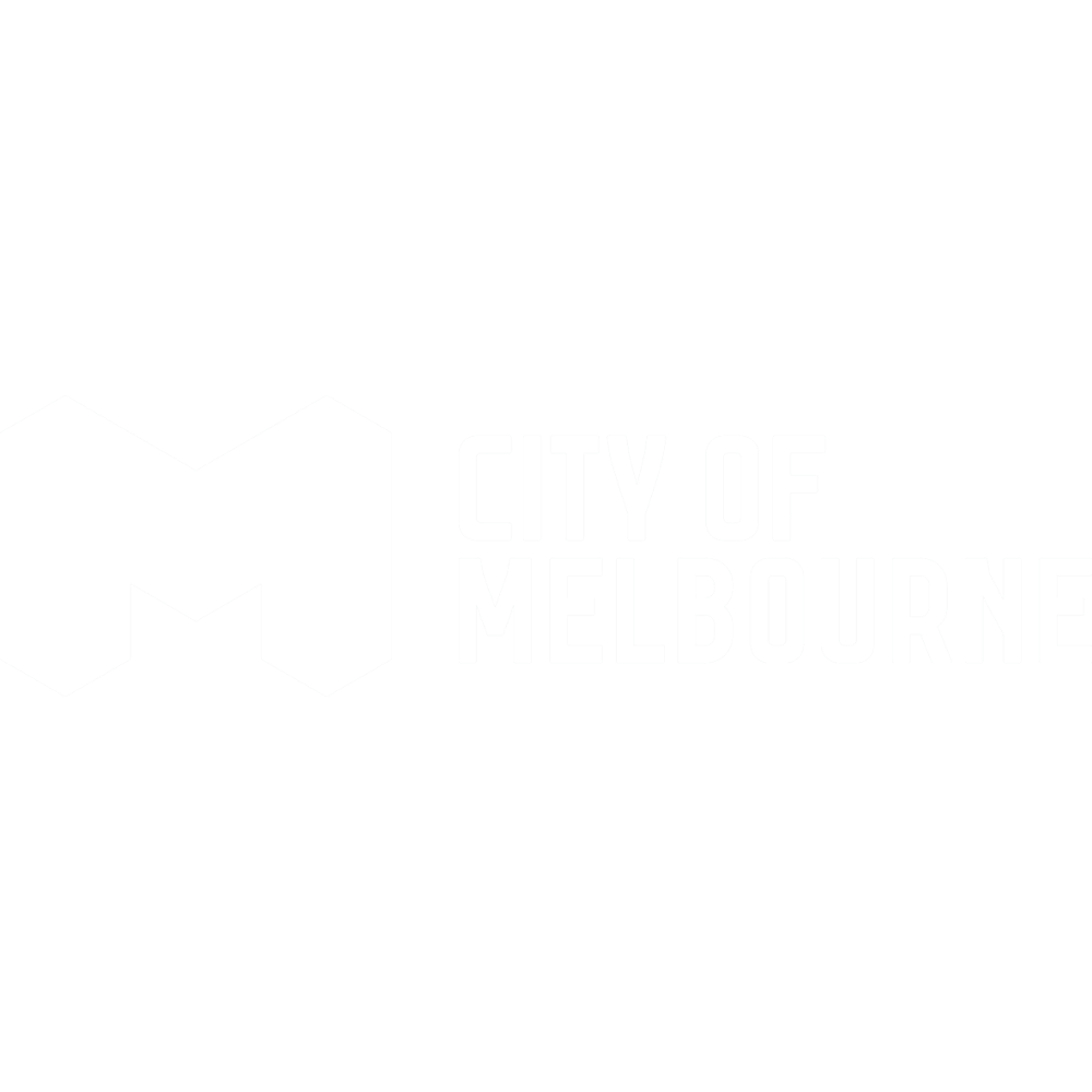 Black and white logo of the City of Melbourne with a geometric M on the left and the text 'CITY OF MELBOURNE' on the right.