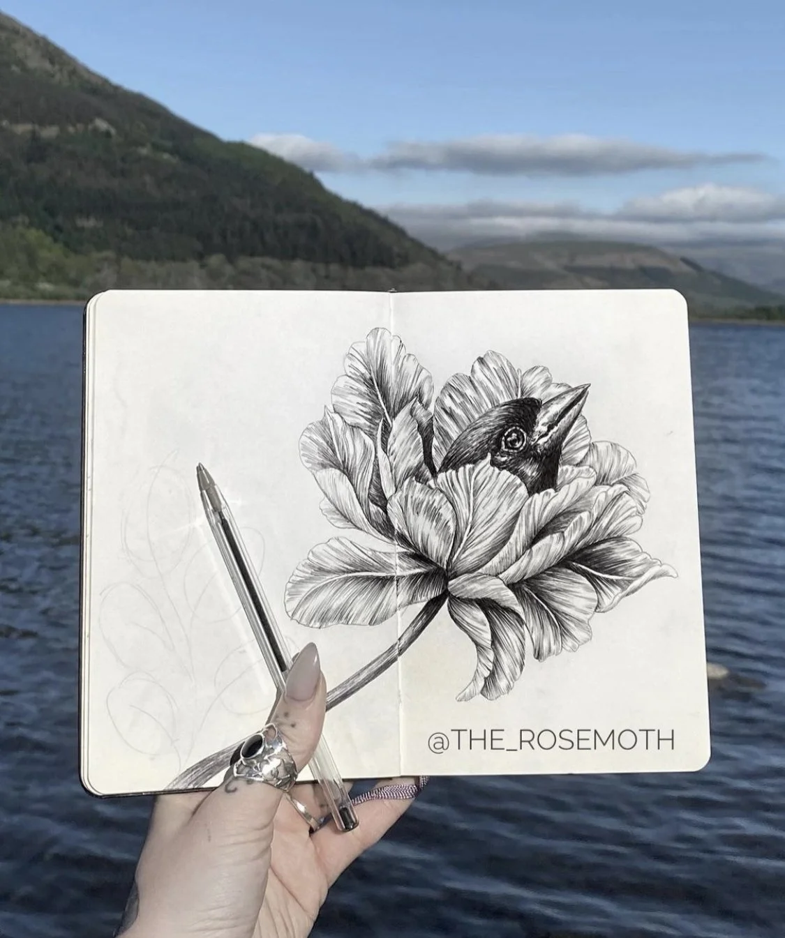 Drawing in the sketchbook at the side of a lake