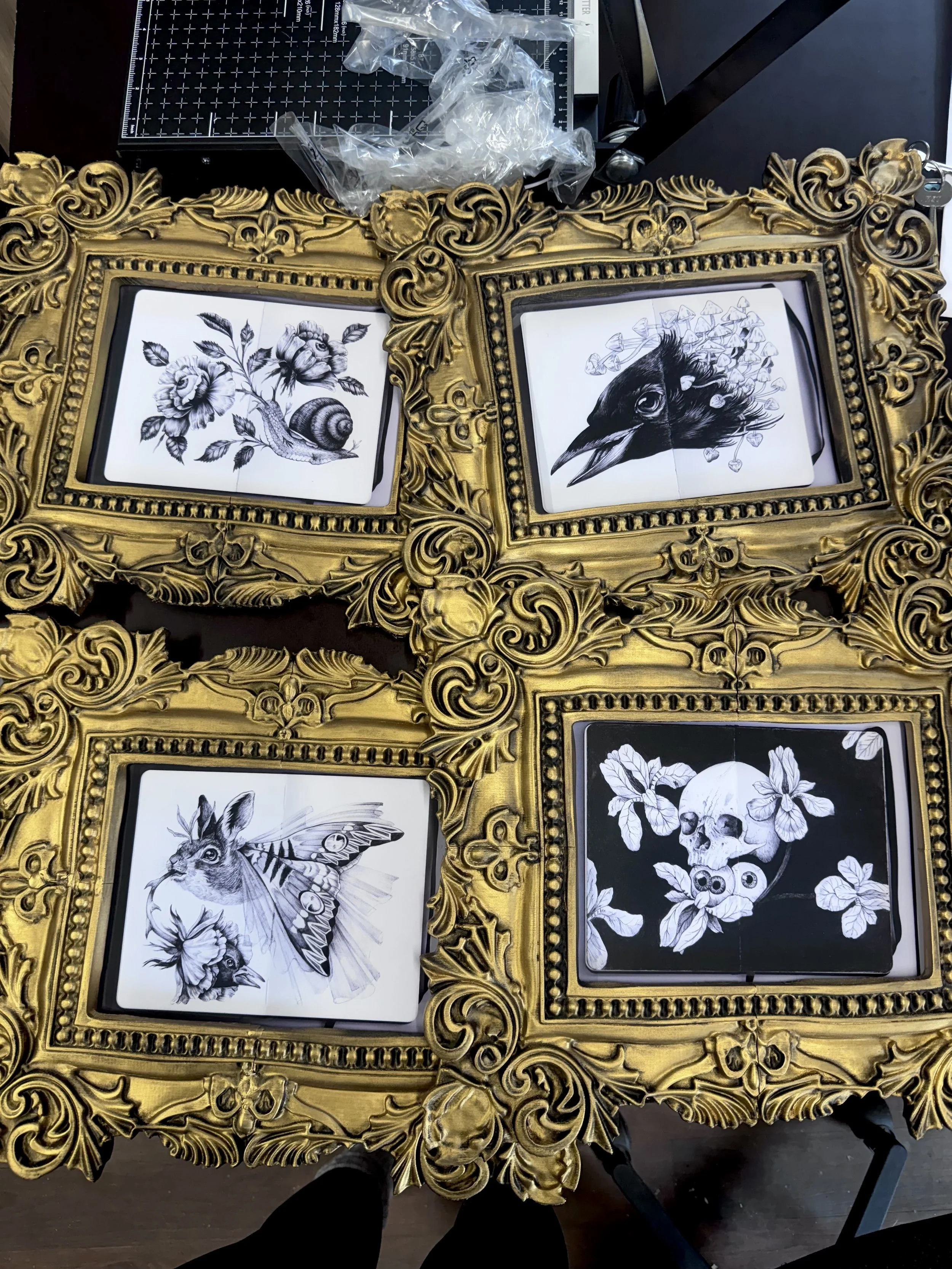 The framed accompanying prints of four of the internal pages.