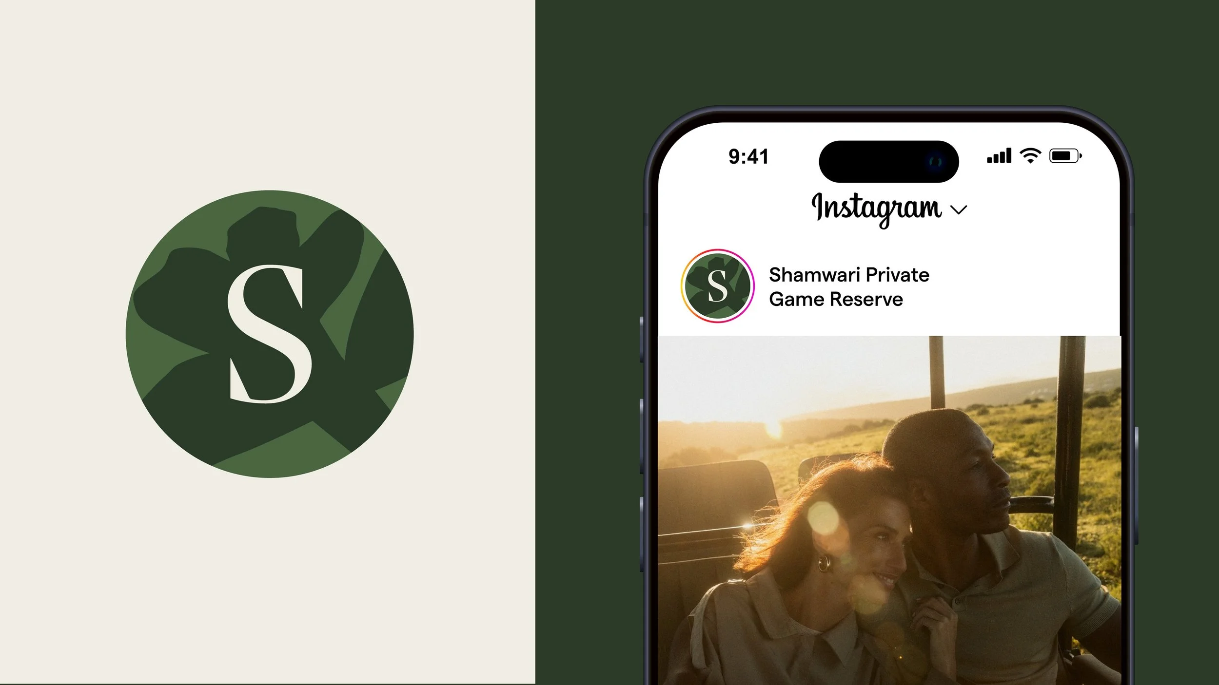 A smartphone screen showing an Instagram profile named 'Shamwari Private Game Reserve' with a profile picture of green shadows and white 'S' letter. The background image features two people smiling while riding in an open vehicle at sunset with a landscape of trees and sunset in the distance.