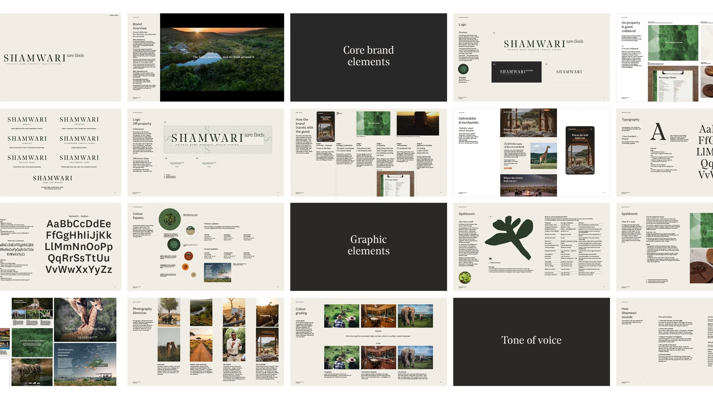 A collage of pages from a branding style guide for Shamwari, a wildlife reserve in South Africa, featuring core brand elements, typography, color palette, graphic elements, and various visual design components.