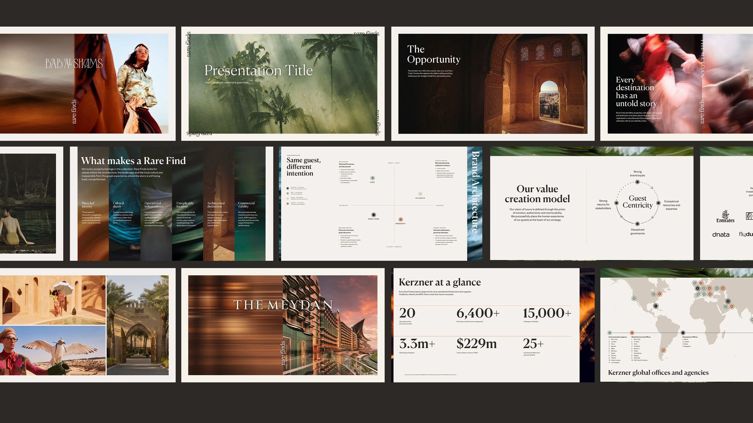 A collage of presentation slides and photographs highlighting travel, architecture, and business themes, featuring people in various settings, scenic landscapes, and information graphics.