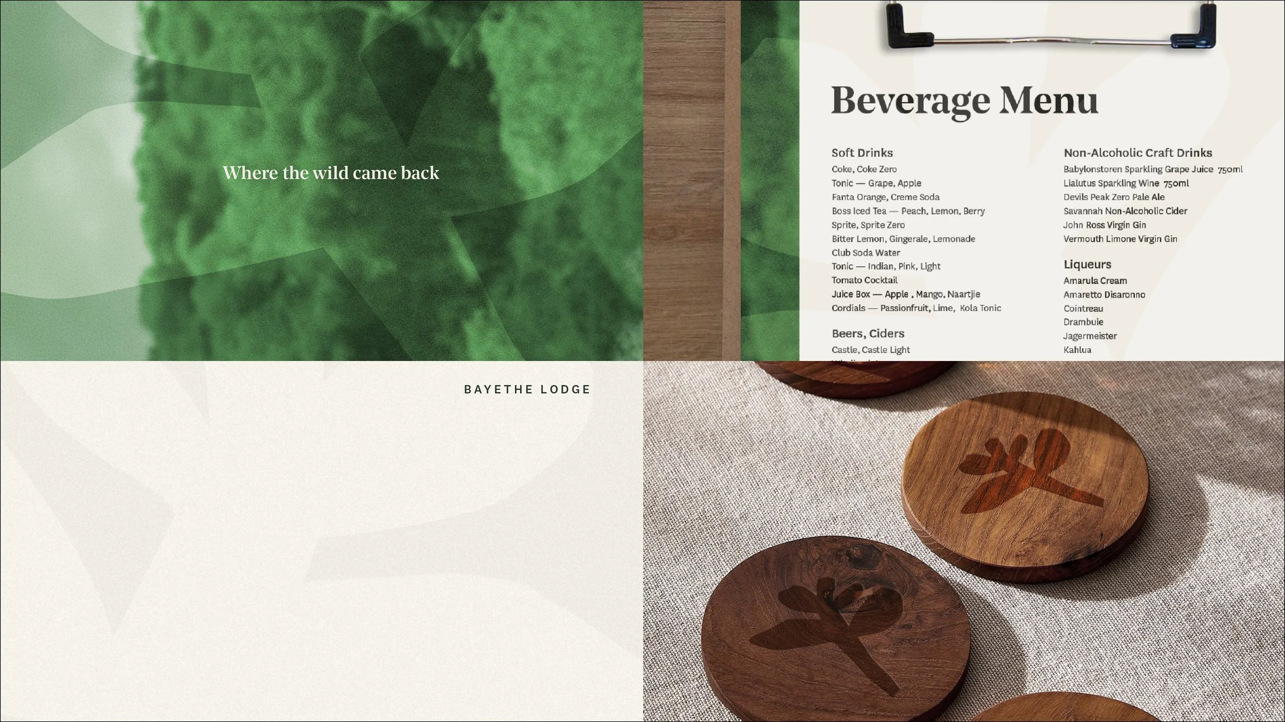 A split design with a green forest image and text on the left side, and a wooden beverage menu with drink options on the right side, featuring drinks like soft drinks, non-alcoholic craft drinks, liqueurs, beers, and ciders.