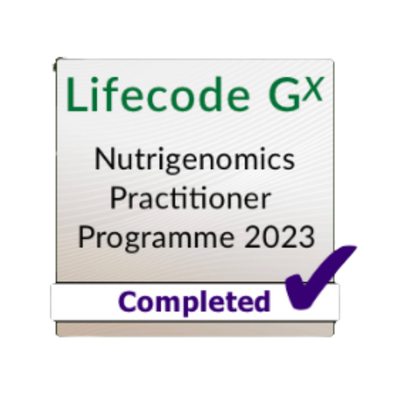 Lifecode GX Nutrigenomics Practitioner Programme 2023 completed badge with a purple checkmark.