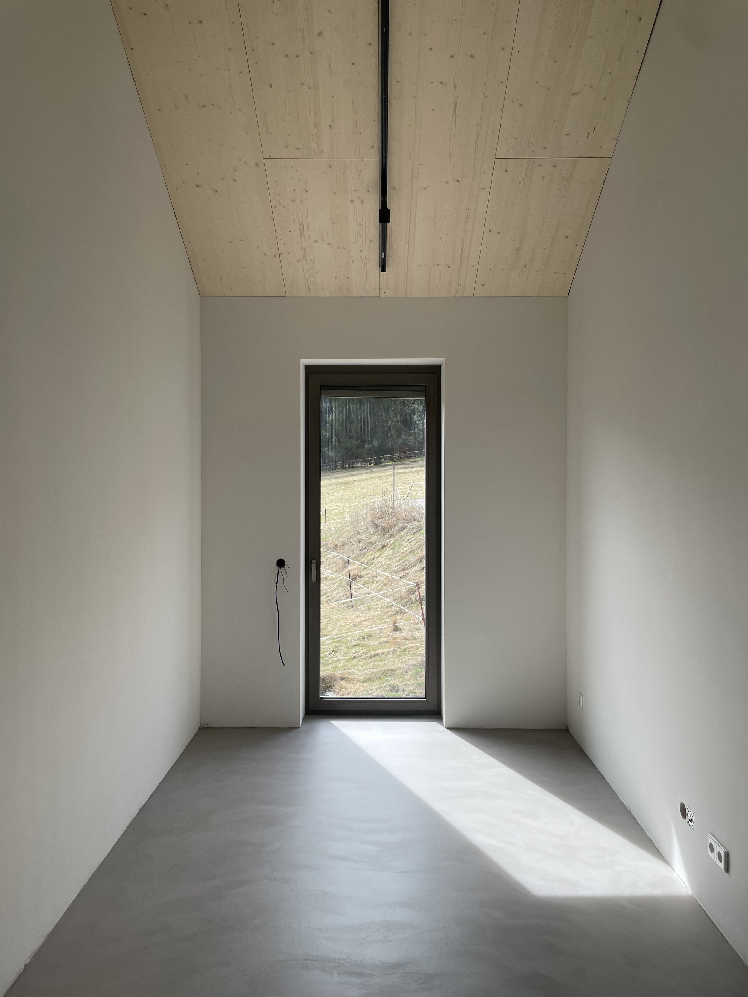 Ein leeres Zimmer mit weißen Wänden, einer großen Tür nach draußen und einer Holzdecke.