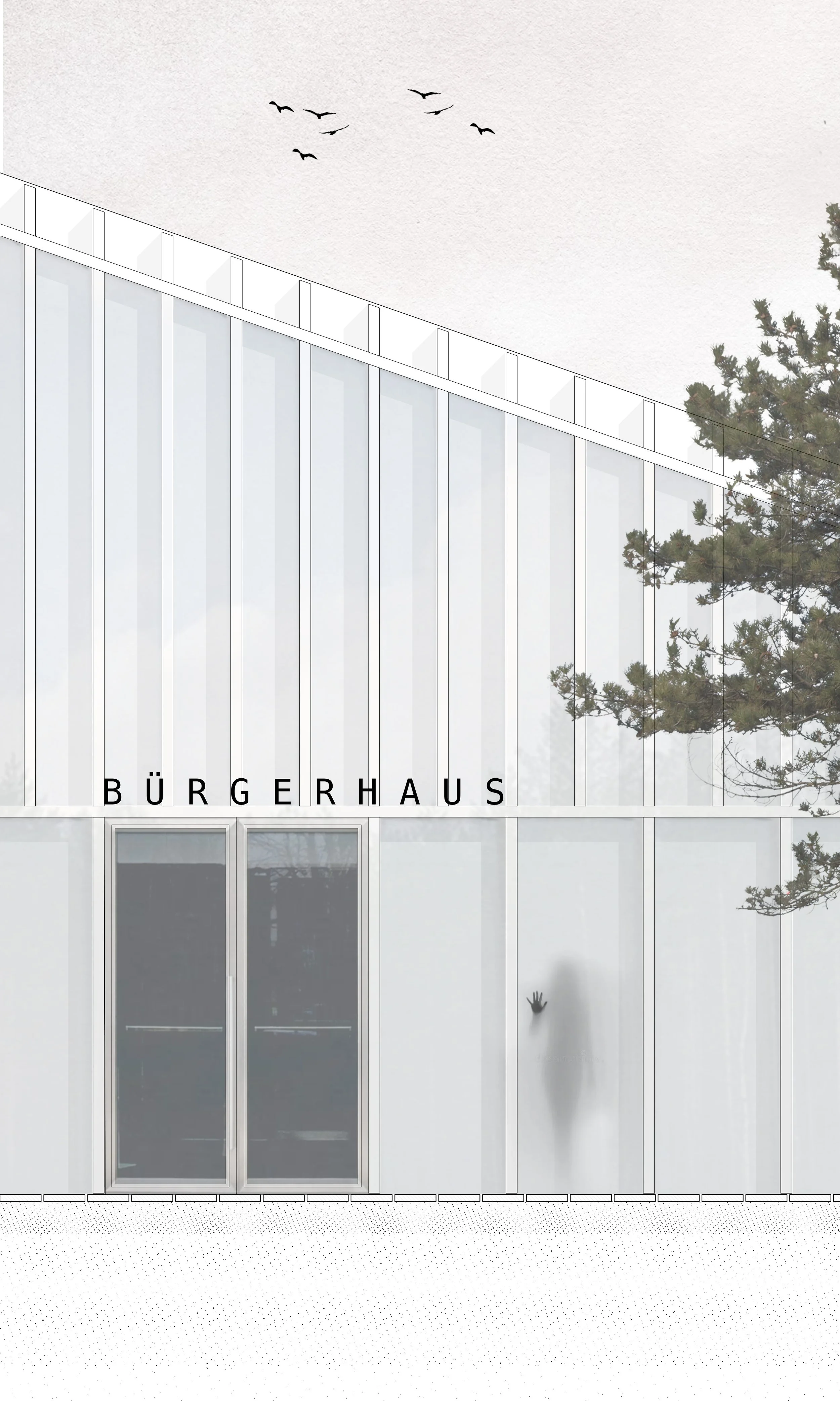 Modernes Bürgerhaus mit großen Glasfenstern, das Wort 'BÜRGERHAUS' auf der Fassade, eine Hand, die gegen die Tür drückt, und Bäume im Hintergrund. Im Himmel fliegen Vögel.