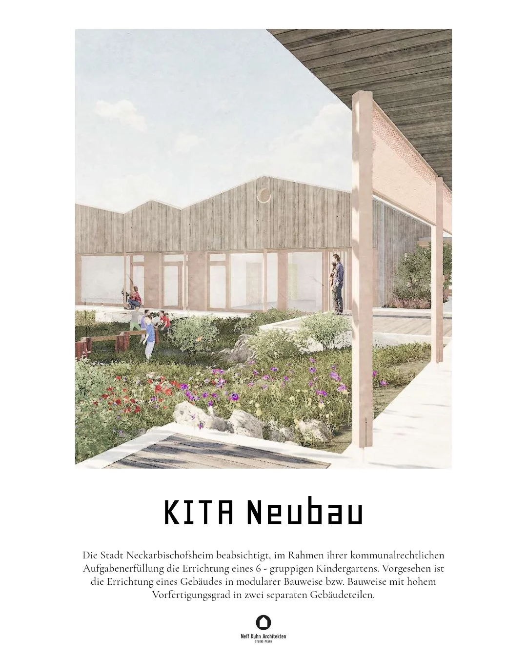 Der Neubau des Kindergartens in Neckarbischofsheim nimmt Gestalt an. Im Baufortschritt werden Materialit&auml;t und Atmosph&auml;re bereits deutlich: Die vertikale Holzfassade gibt dem Geb&auml;ude eine warme, robuste H&uuml;lle und einen klaren Rhyt