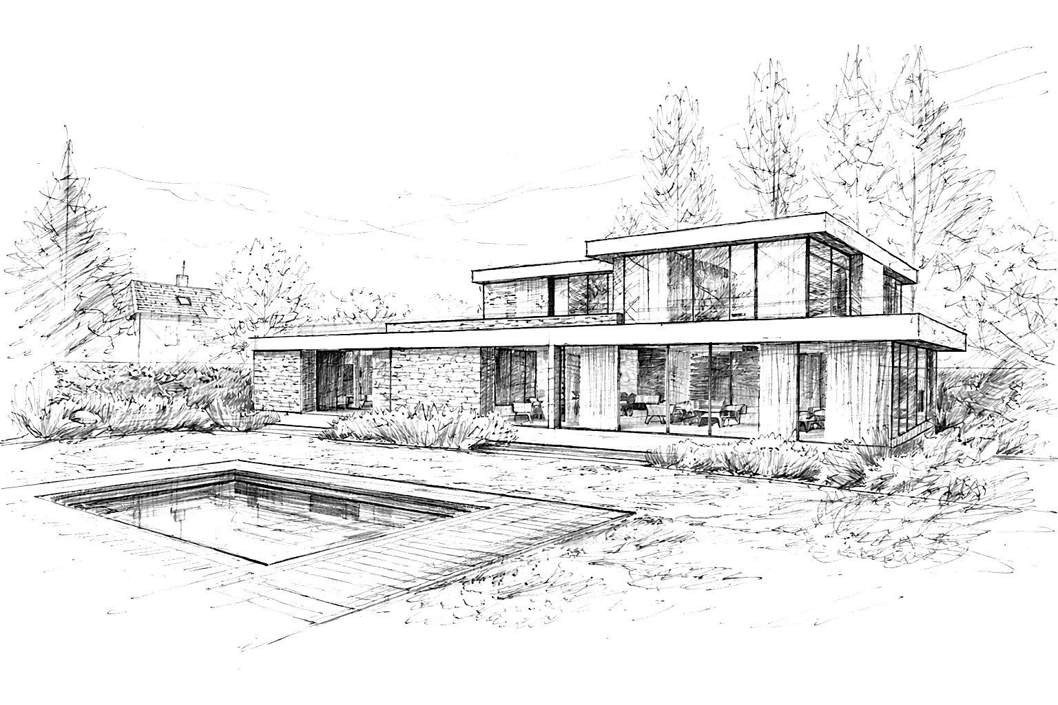 Zeichnung eines modernen Hauses mit großen Fenstern, umgeben von Bäumen und einem Wasserbecken im Vordergrund.