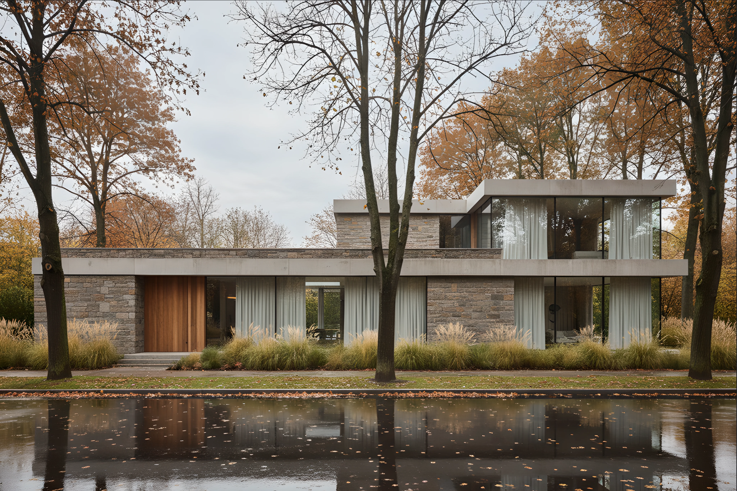 Modernes Haus mit großen Fenstern, umgeben von Bäumen im Herbst, neben einem spiegelnden Wasserbecken.