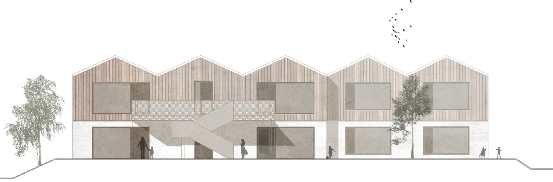 Architektonische Zeichnung eines modernen Wohngebäudes mit zwei Stockwerken, großen Fenstern, begrüntem Innenhof und Außenleute, einige Bäume und Vögel am Himmel.