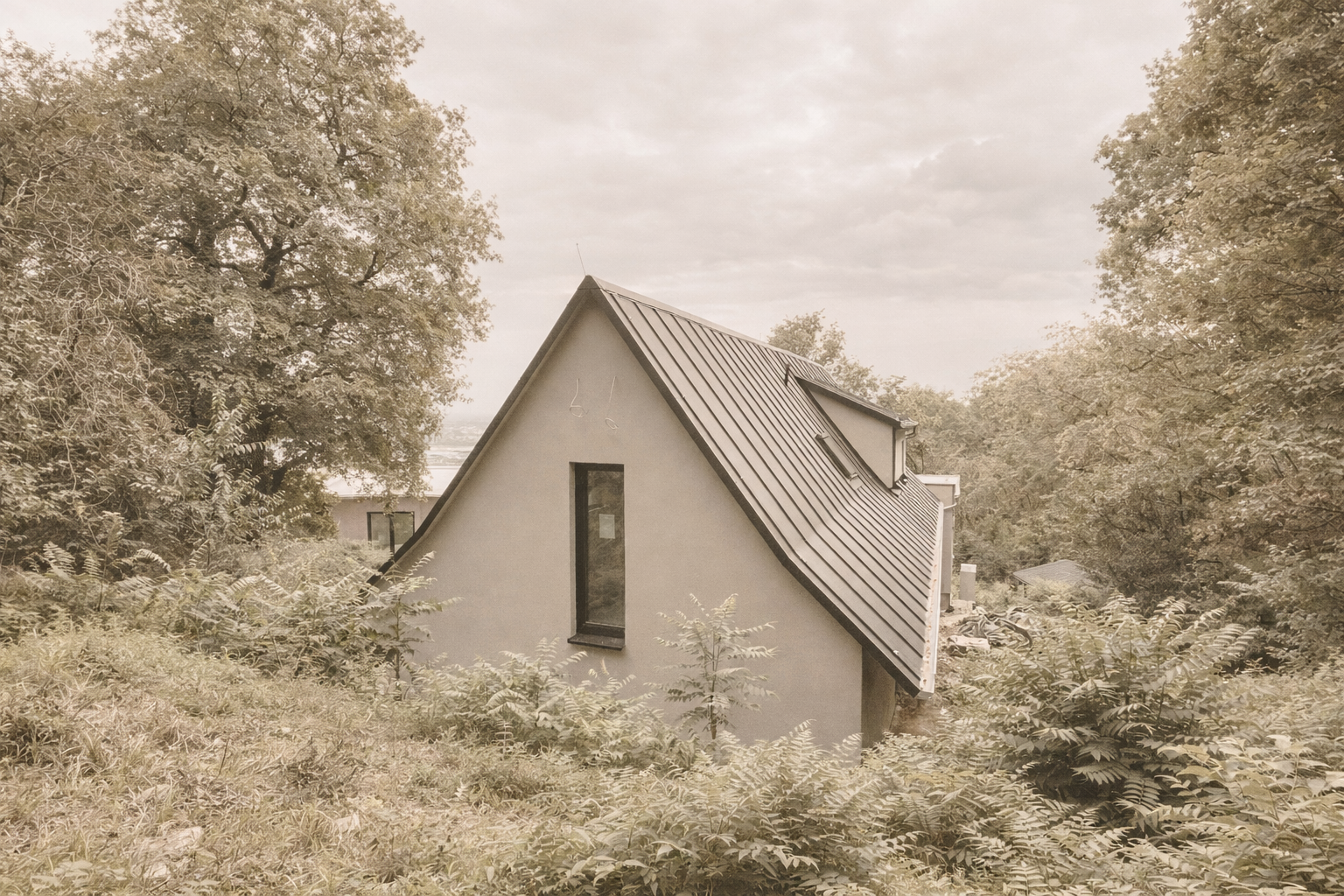 Modernes Haus mit spitzem Dach, umgeben von Bäumen und Sträuchern, in einer ländlichen Umgebung.