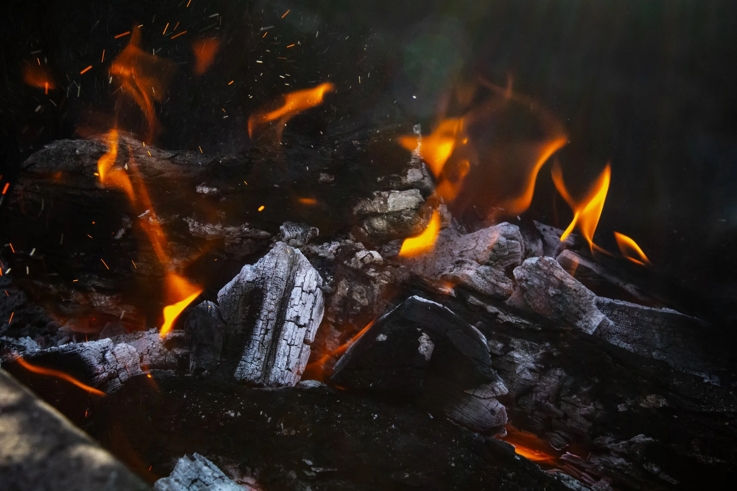 Close-up of charred wood with orange flames and glowing embers.