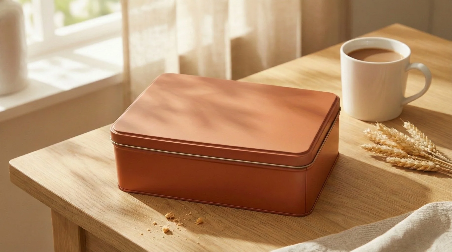 Rectangular metal tin box in trending Amber Haze color, displayed on a wooden table with wheat props, illustrating premium packaging for biscuits and cookies.