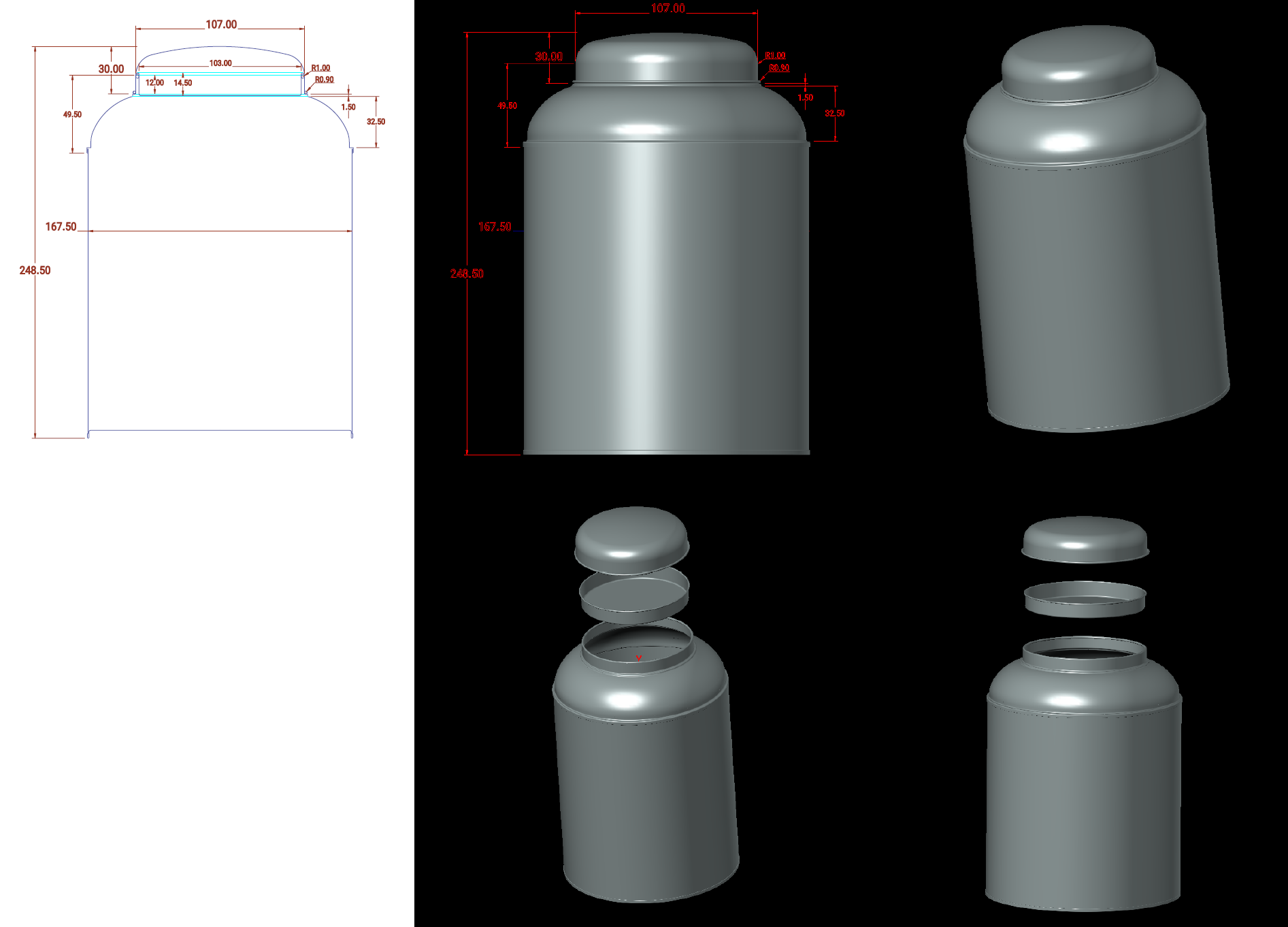 Photorealistic 3D rendering of custom tea tins in black, green, and magenta to verify color and finish before mass production.