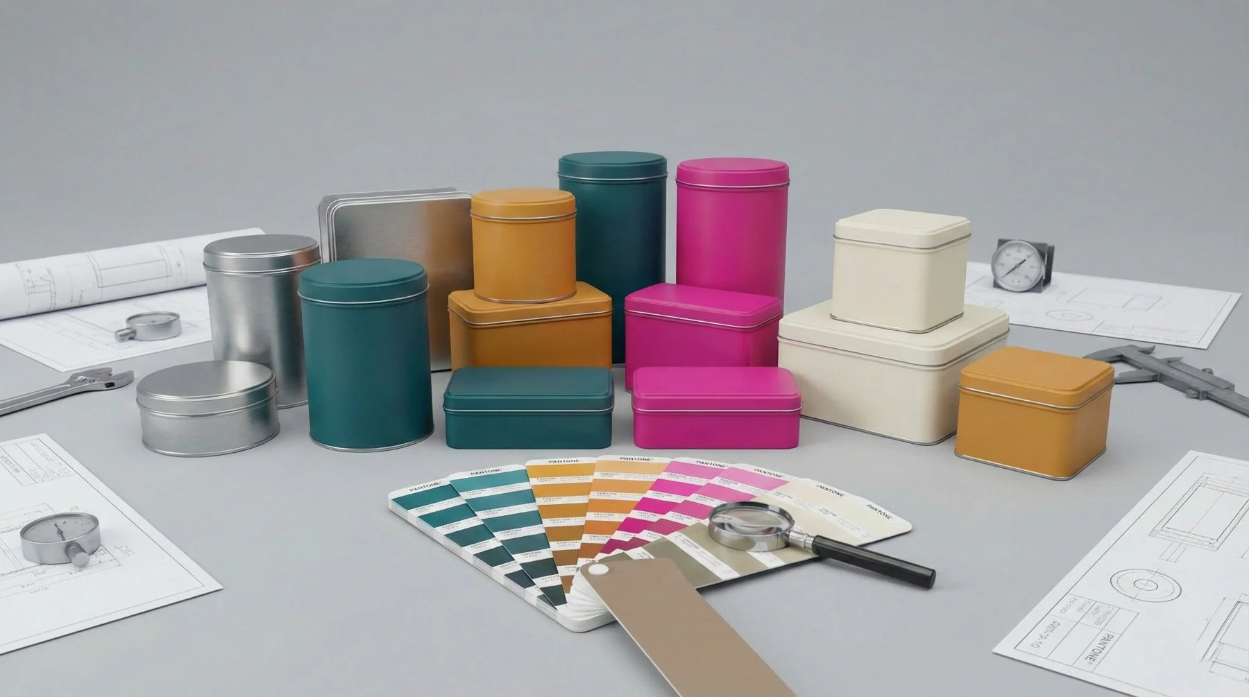Assortment of custom metal tin boxes in trending Deep Teal, Fuchsia, and Amber Haze, displayed with technical blueprints, calipers, and a Pantone fan deck to showcase precision engineering and color matching capabilities.