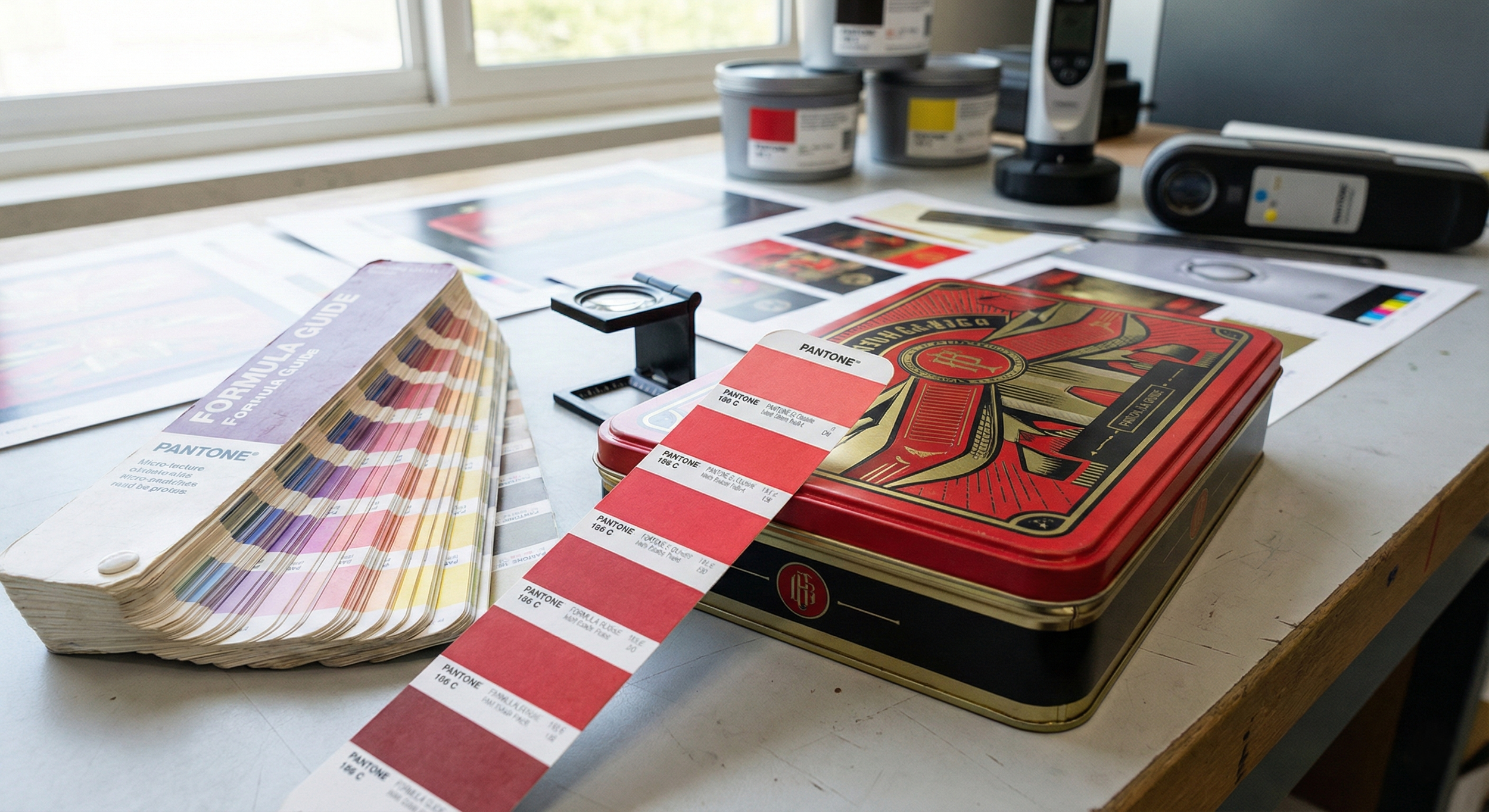 Hand holding a Pantone Sage Green 15-0918 TCX color chip against a matching matte rectangular metal tin box, demonstrating precise color matching capabilities for custom packaging.