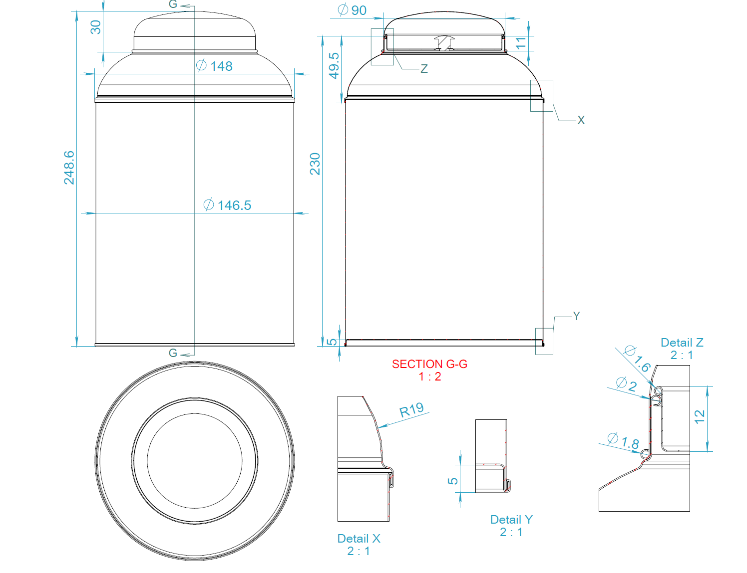 Engineering technical drawing and die-line dimensions for a 1kg airtight tea tin, showing the structural specifications.