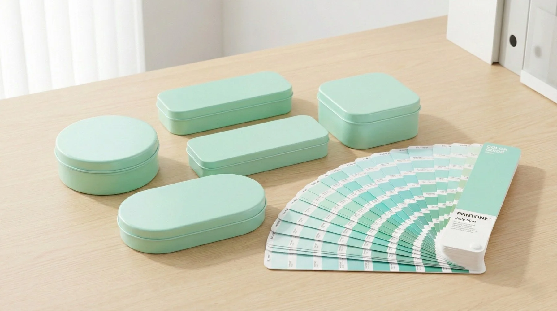 Assortment of custom metal tin boxes in trending Jelly Mint green, displayed with a matching Pantone fan deck to demonstrate precise color consistency across different shapes.