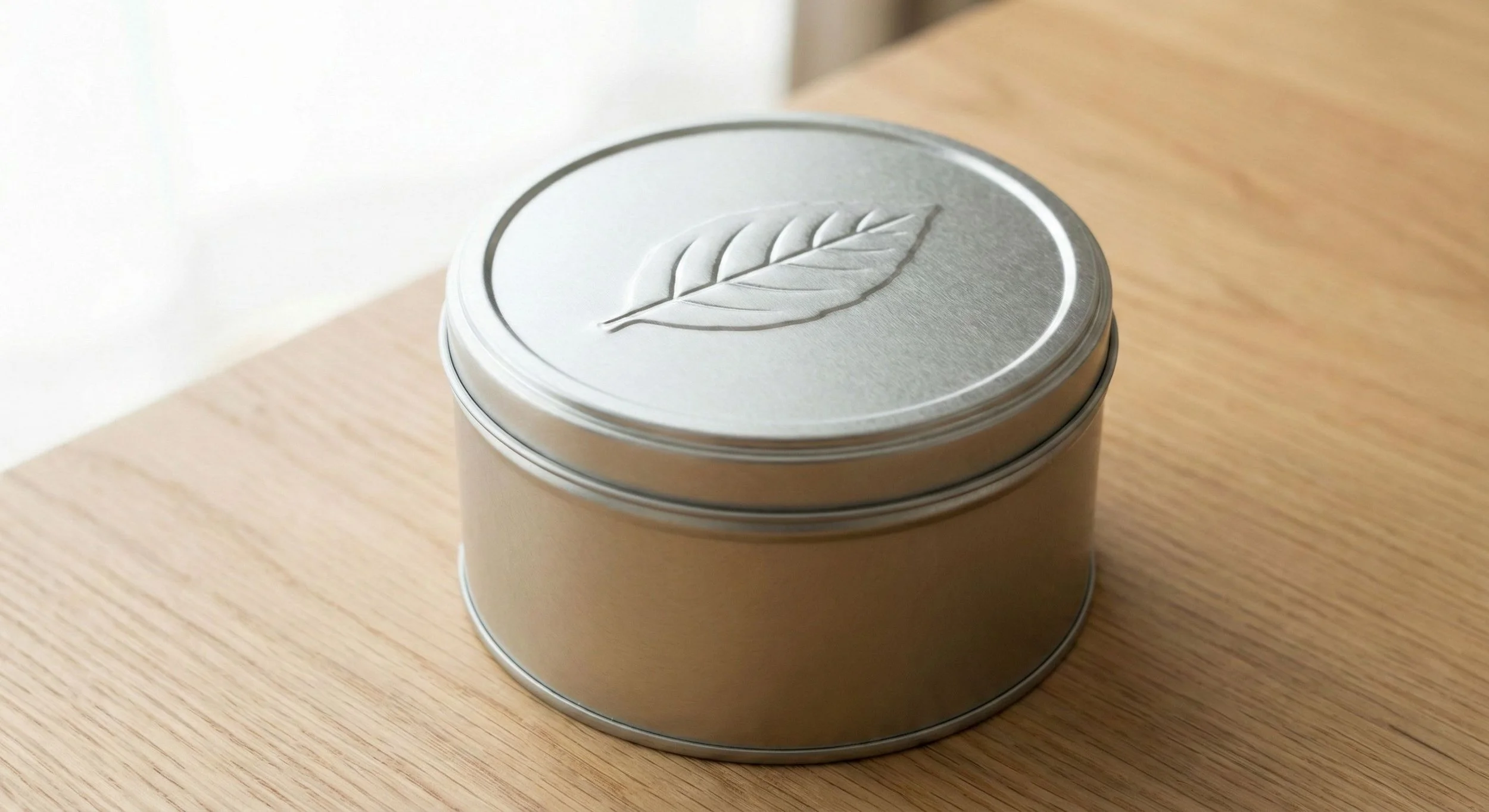 Close-up view of a round, solid-lid metal tin canister with an embossed leaf design on a wooden table, showcasing a 100% plastic-free, mono-material packaging solution.