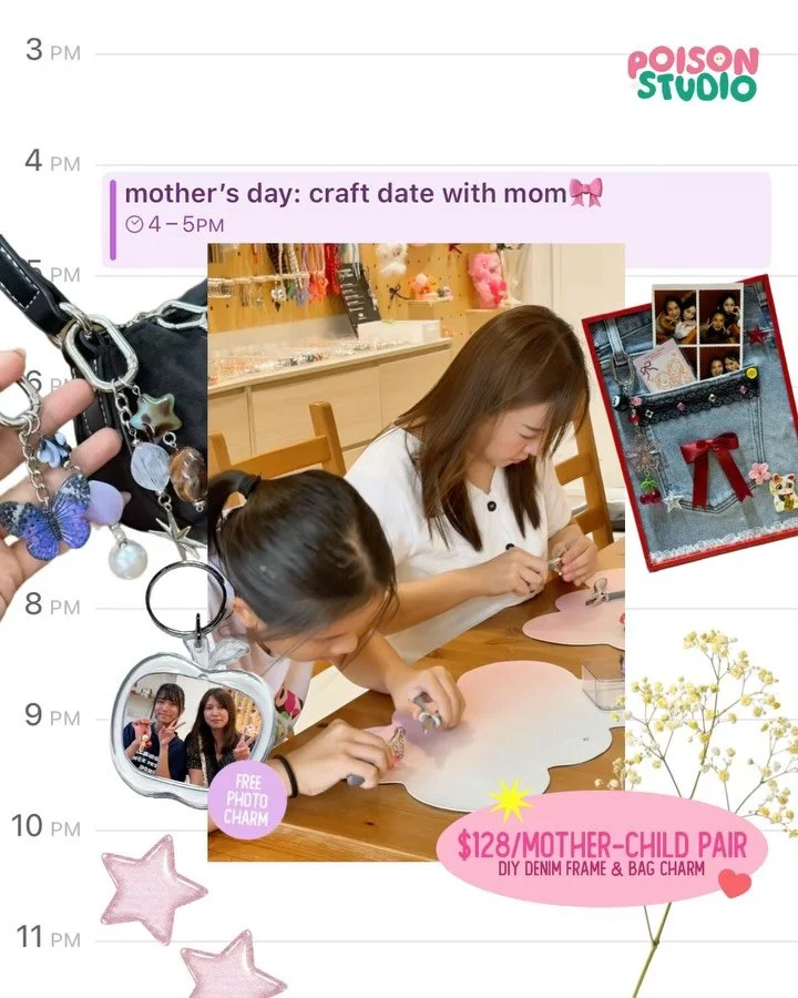bring your mom out on a craft date this mother&rsquo;s day! 💐

you&rsquo;ll each get to work on your own denim frame and bag charm, and get a free photo charm (with photo printing provided) to bring home as well! 

this workshop will be going at $12