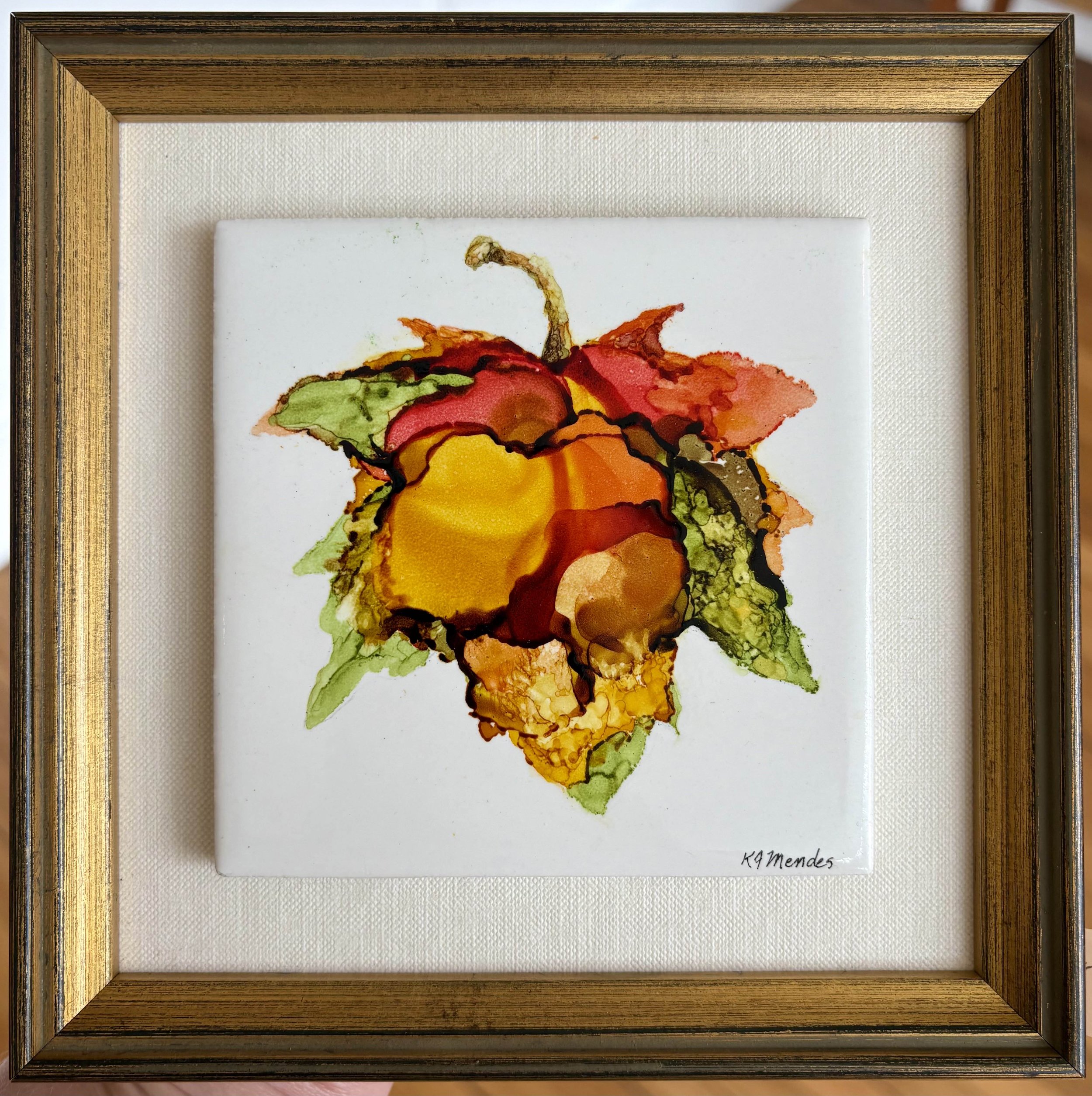 Maple Leaf #2 | Alcohol Ink on Tile | 7" x 7" Framed | 75