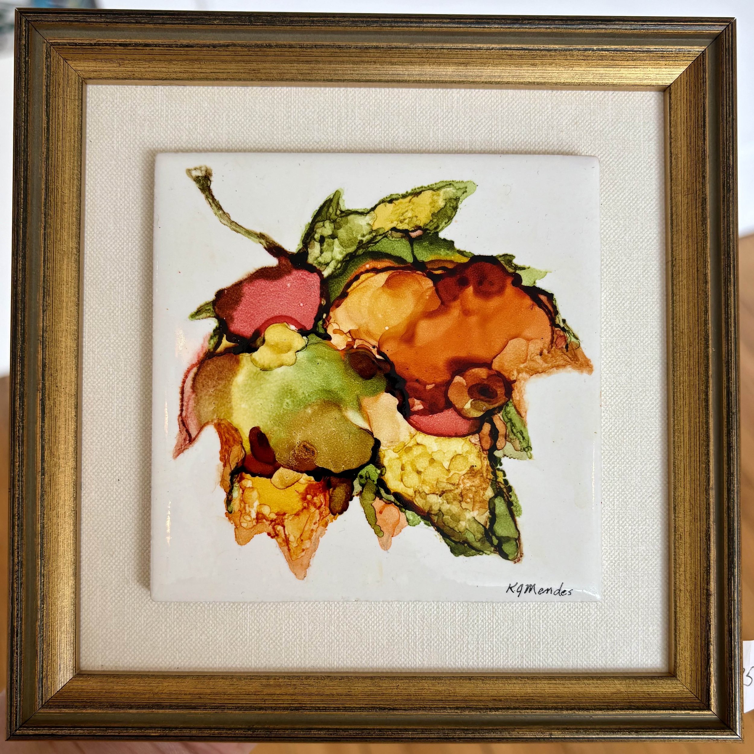 Maple Leaf #1 | Alcohol Ink on Tile | 7" x 7" Framed | 75