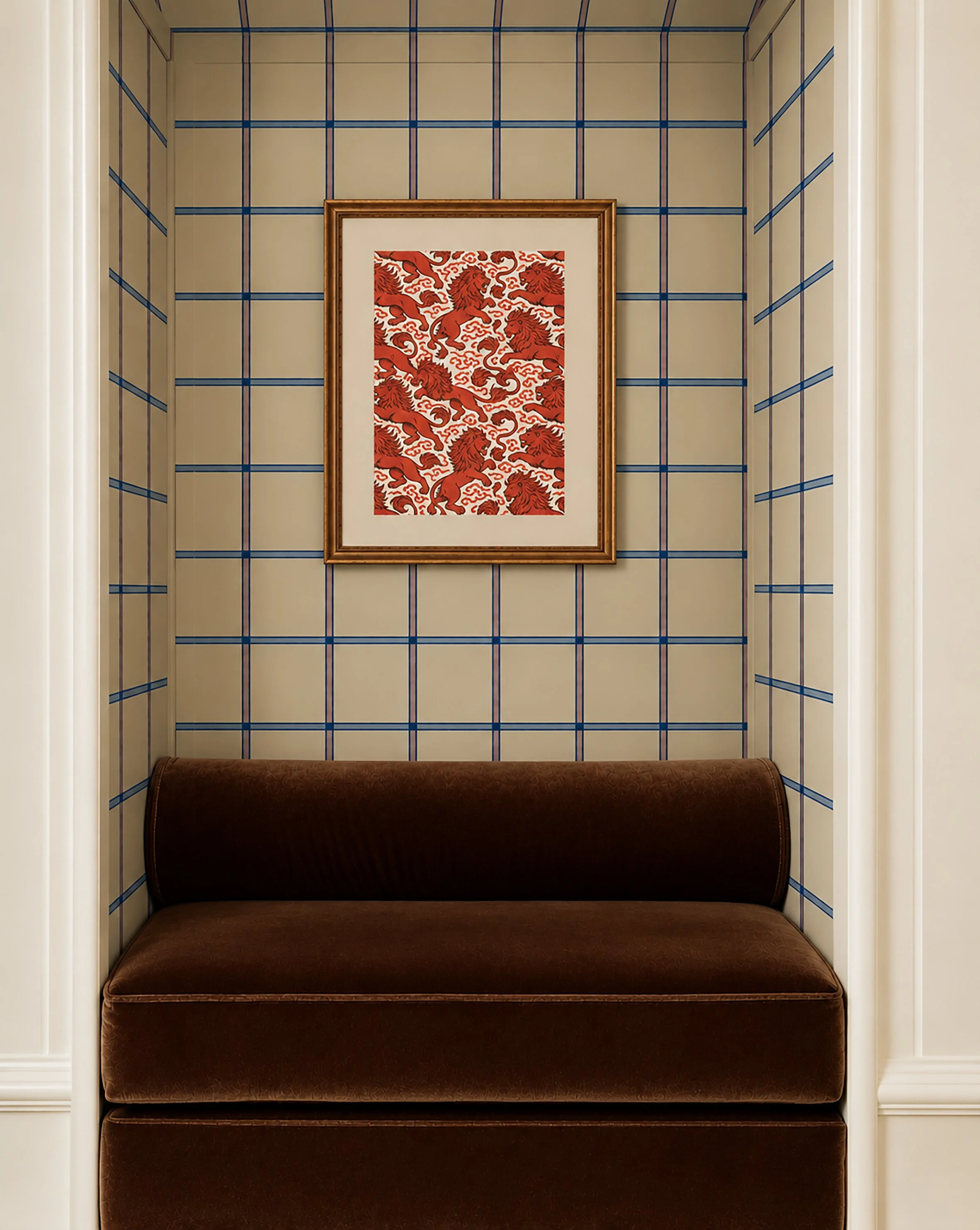 horse rug check wallpaper on wall in alcove.jpg