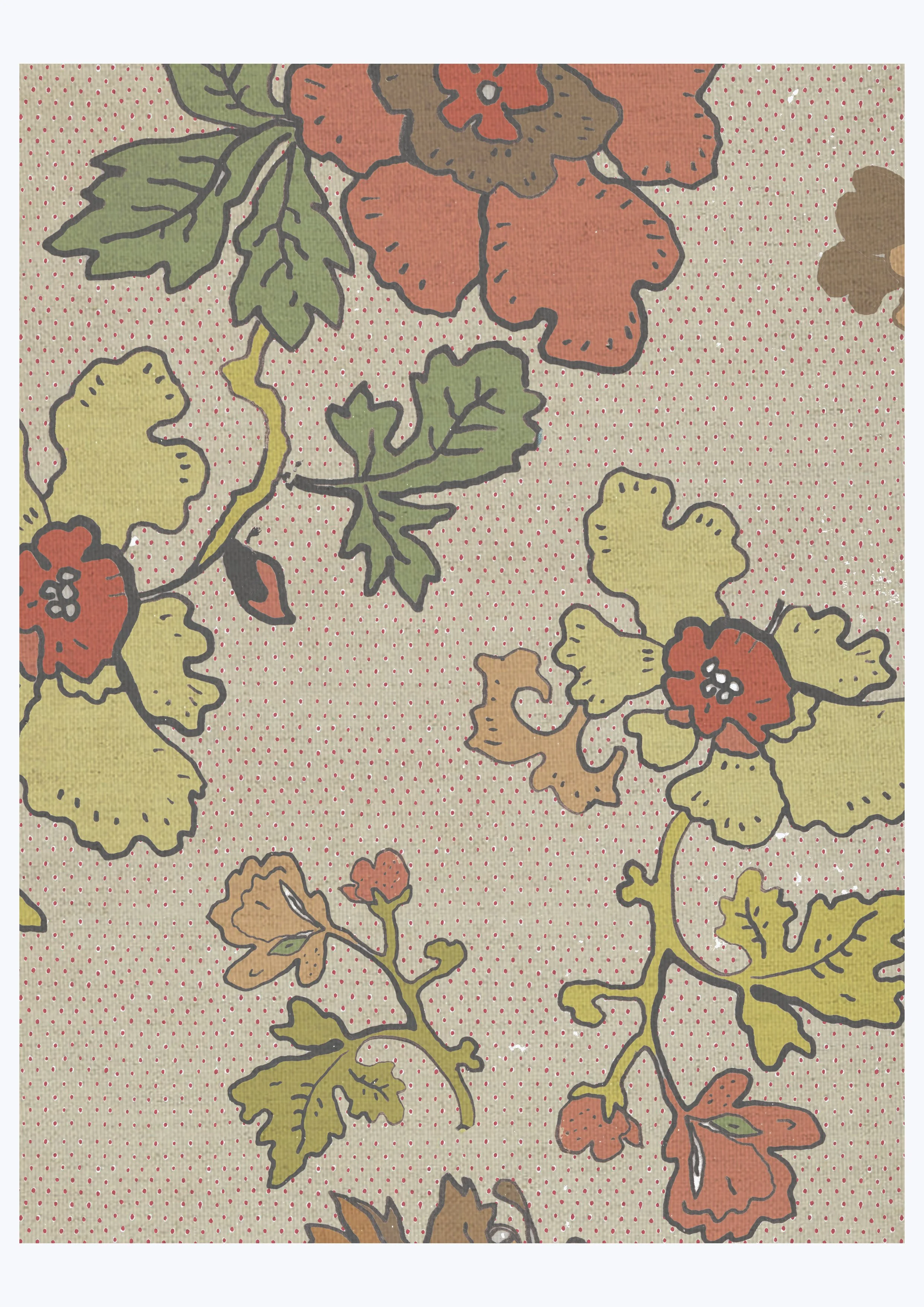 Illustrated retro floral fabric in cotton