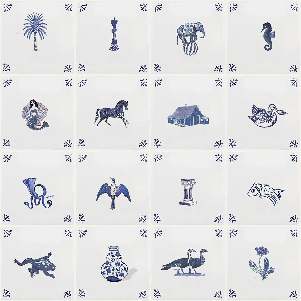 Illustrated Delft tile wallpaper in blue and white