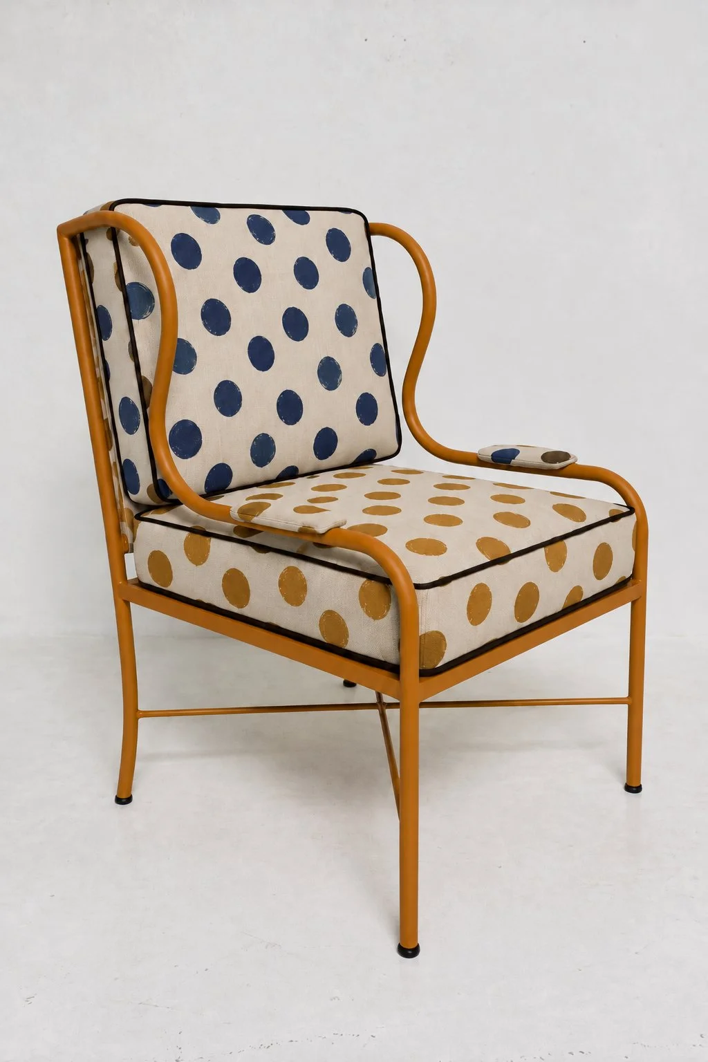 Navy and Mustard Polka Dot upholstered organic fabric Armchair.jpg