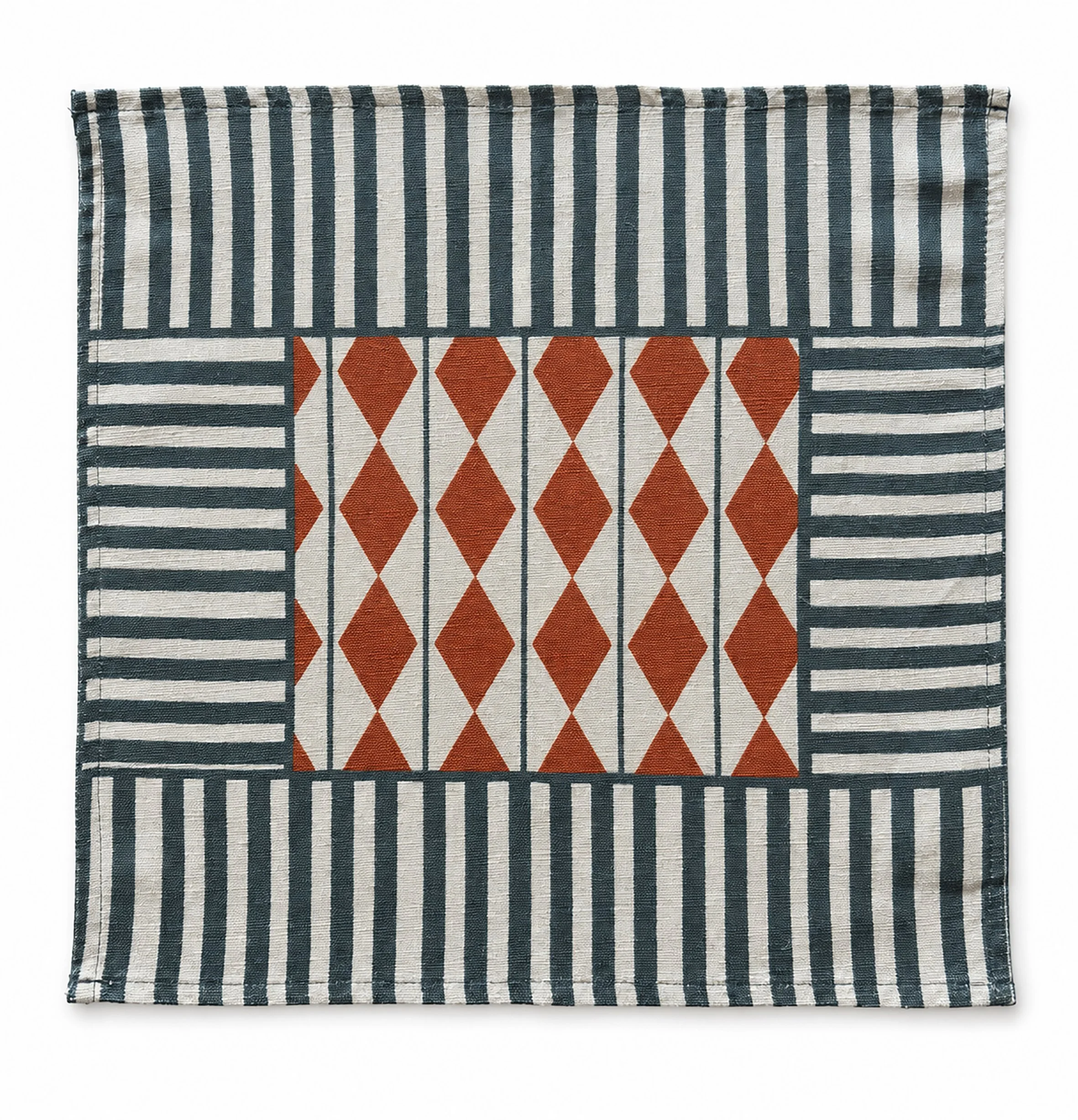 "Navy Stripe & Burgundy Diamond" Linen Napkin