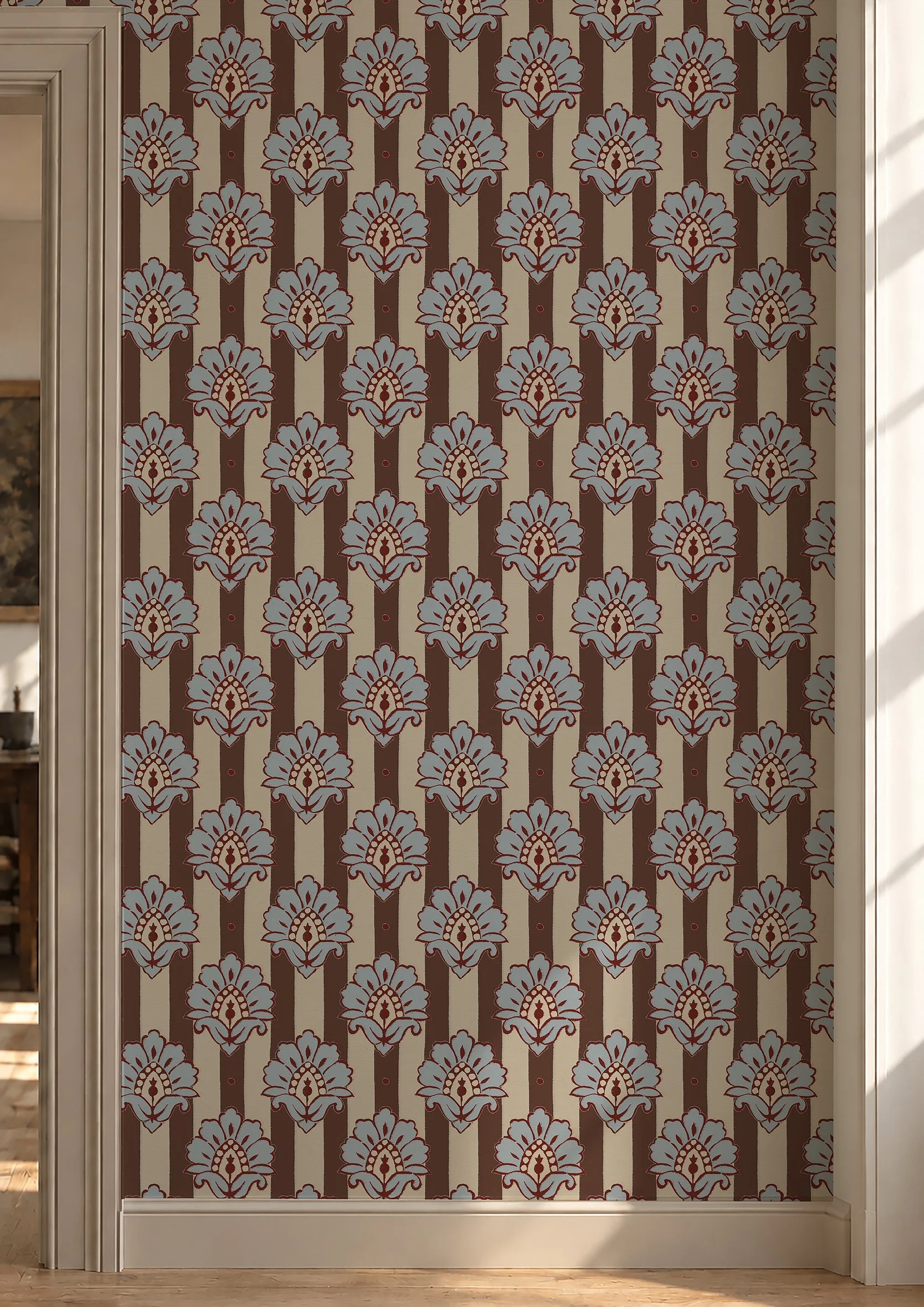 blue and brown large celia wallpaper on the wall.jpg