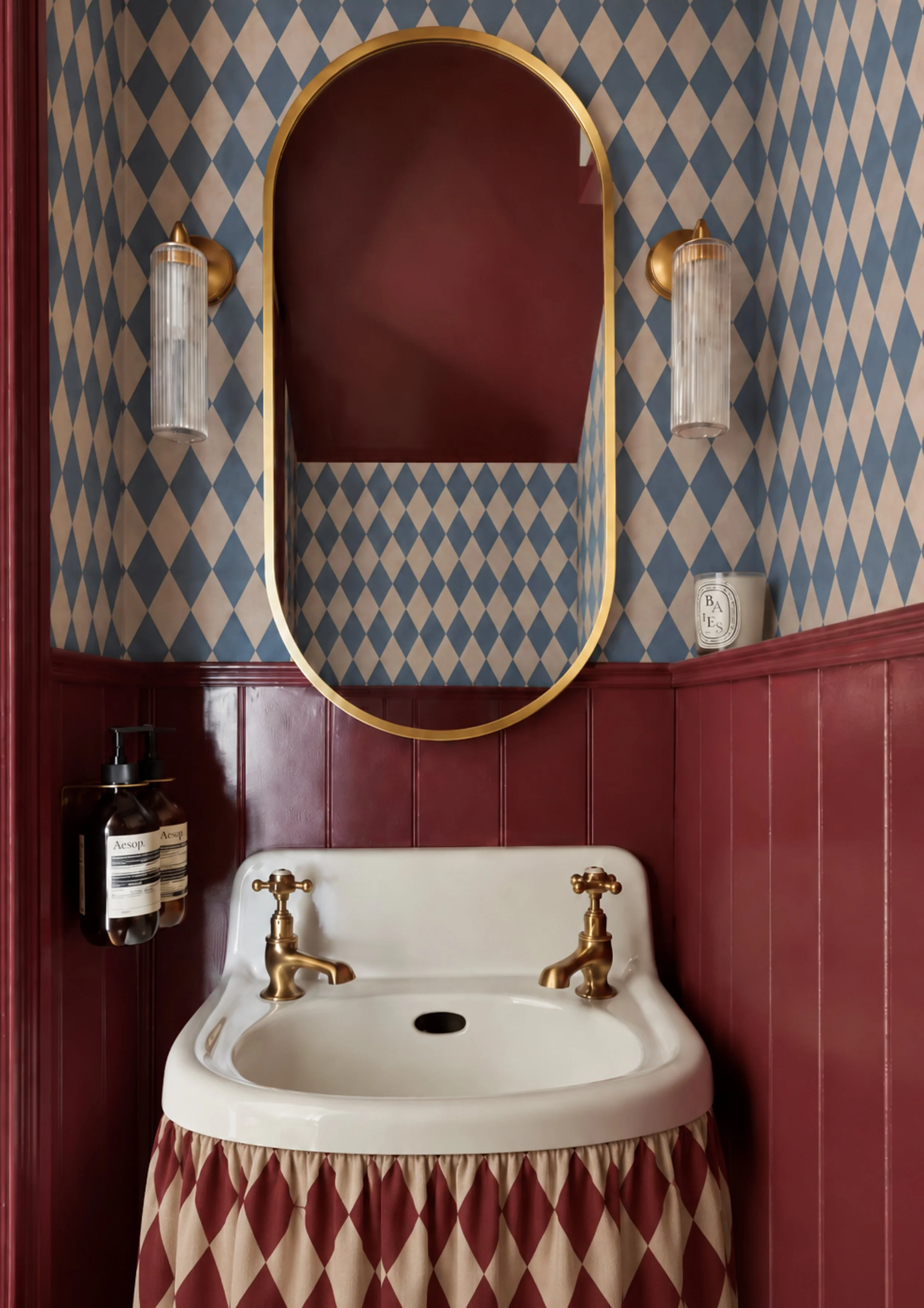 blue harlequin wallpaper with burgundy harlequin curtain.jpg