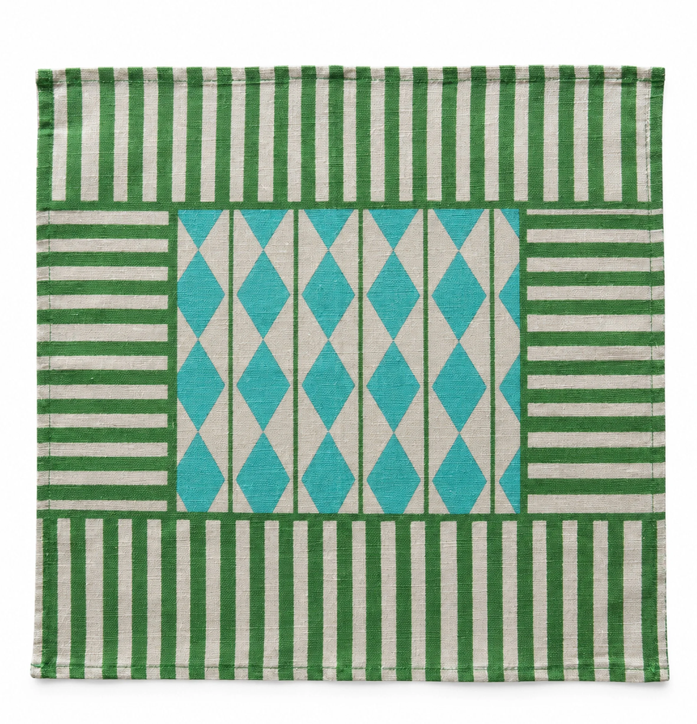 "Emerald Stripe & Sea Blue Diamond" Linen Napkin