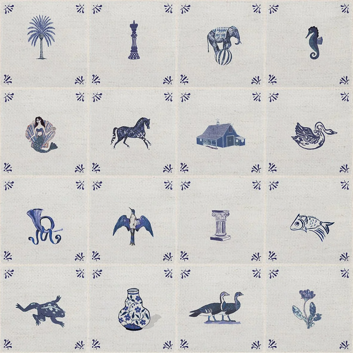 Delft blue illustrated tile fabric pattern detail