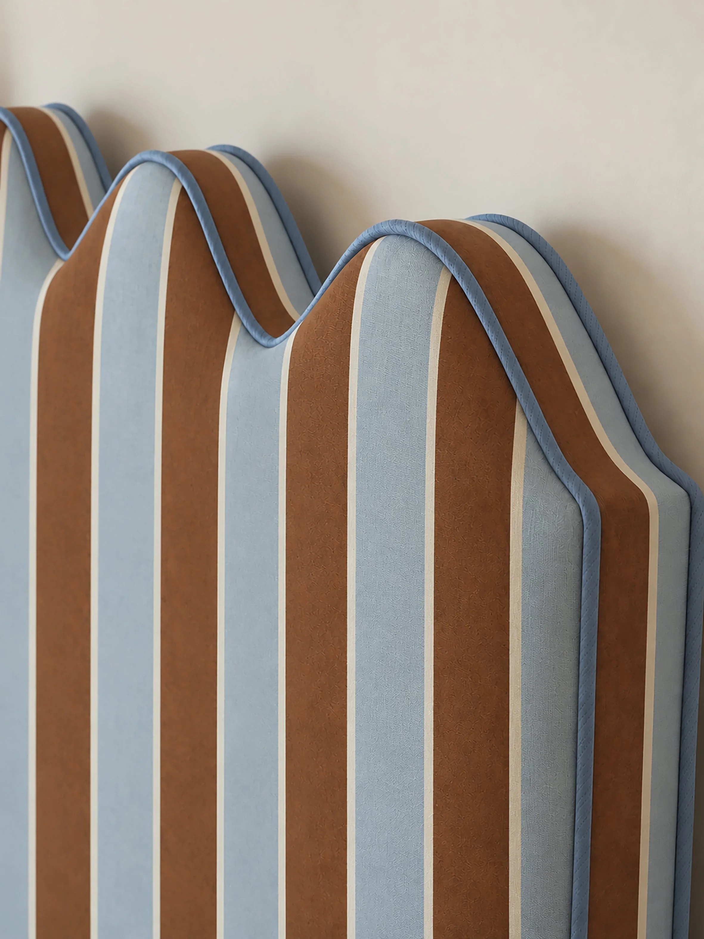 scalloped headboard with ticking stripe fabric in chocolate and ice blue.jpg