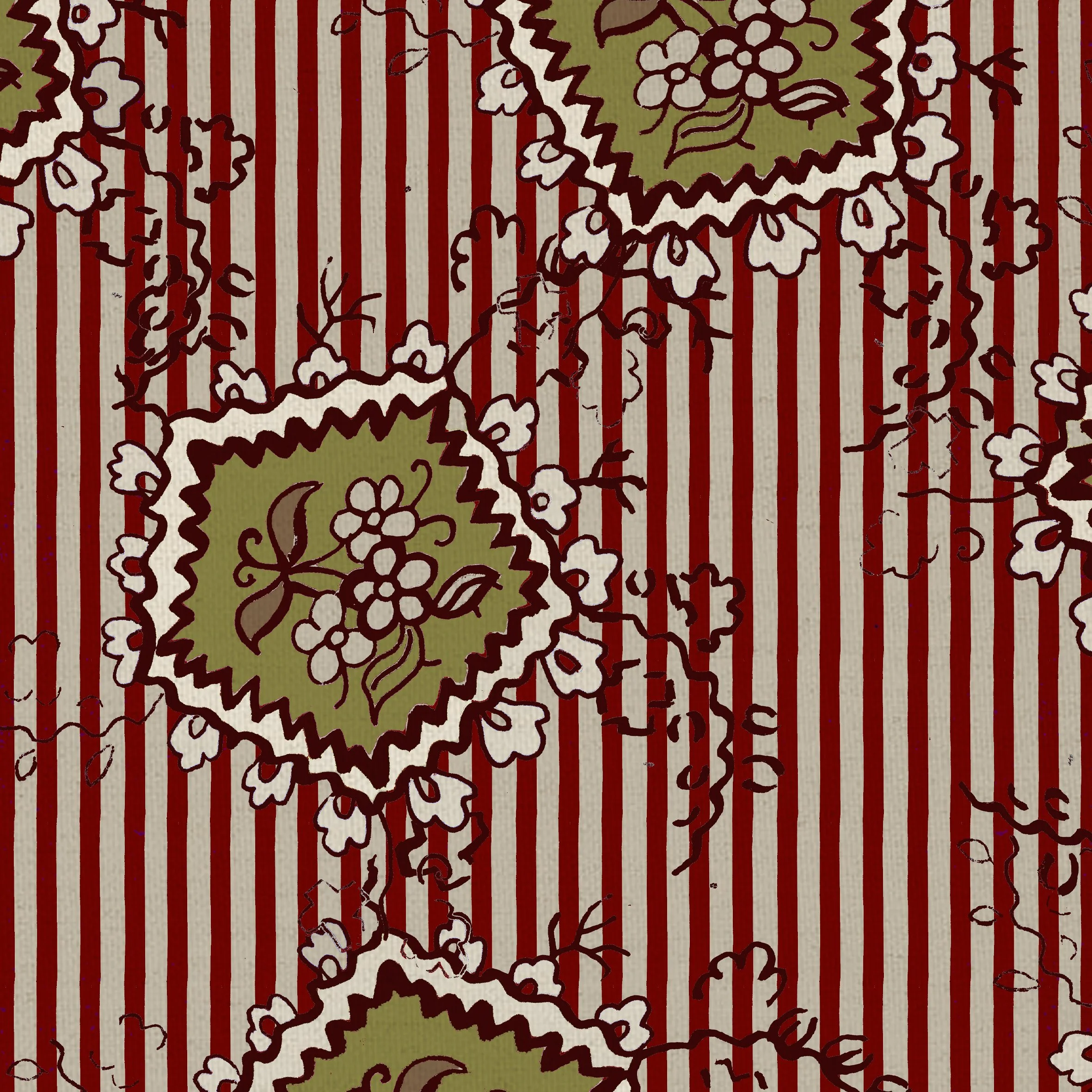 "French Frolic" Olive & Burgundy Fabric