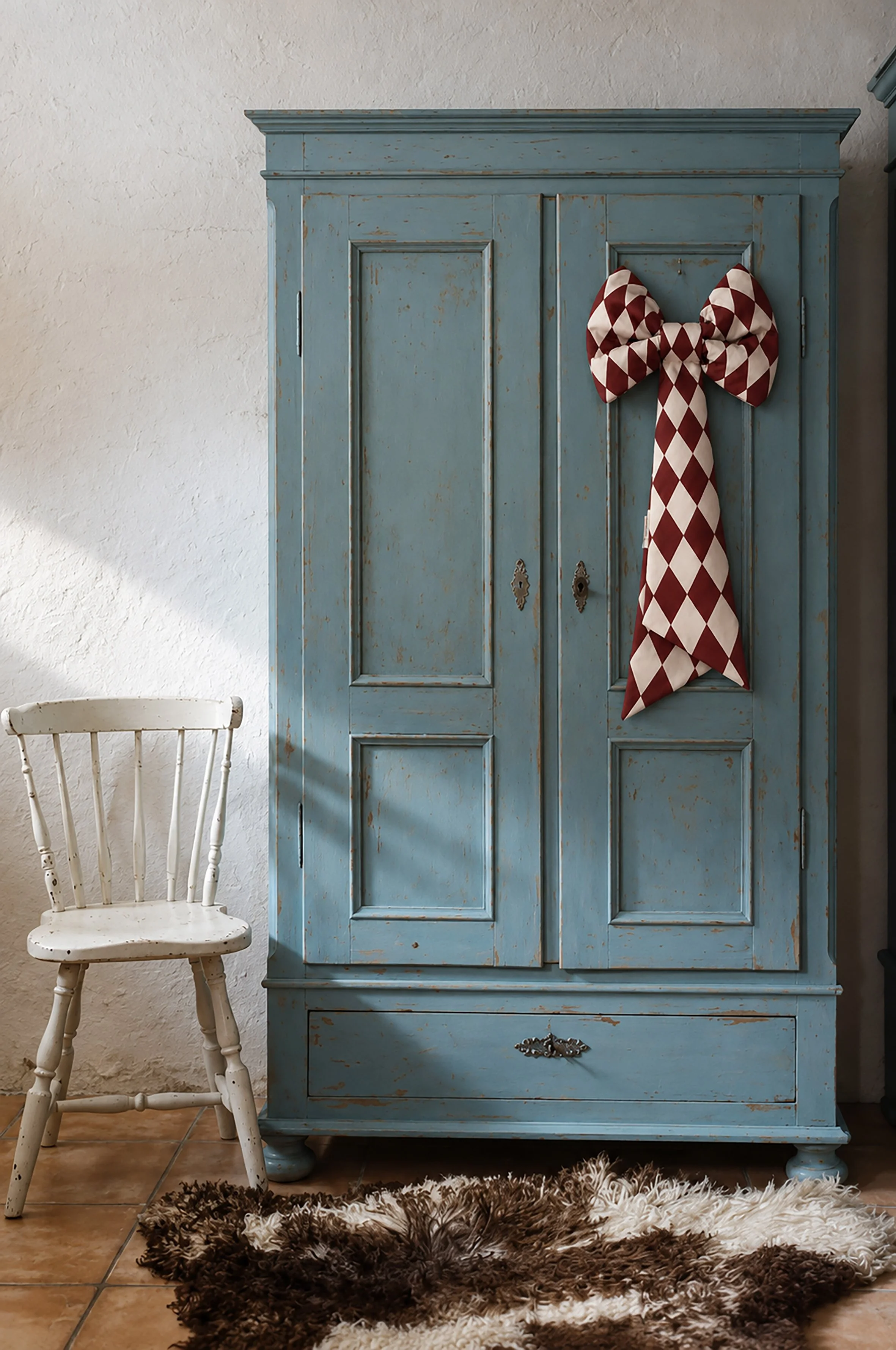 Burgundy bow adorning antique wardrobe.jpg