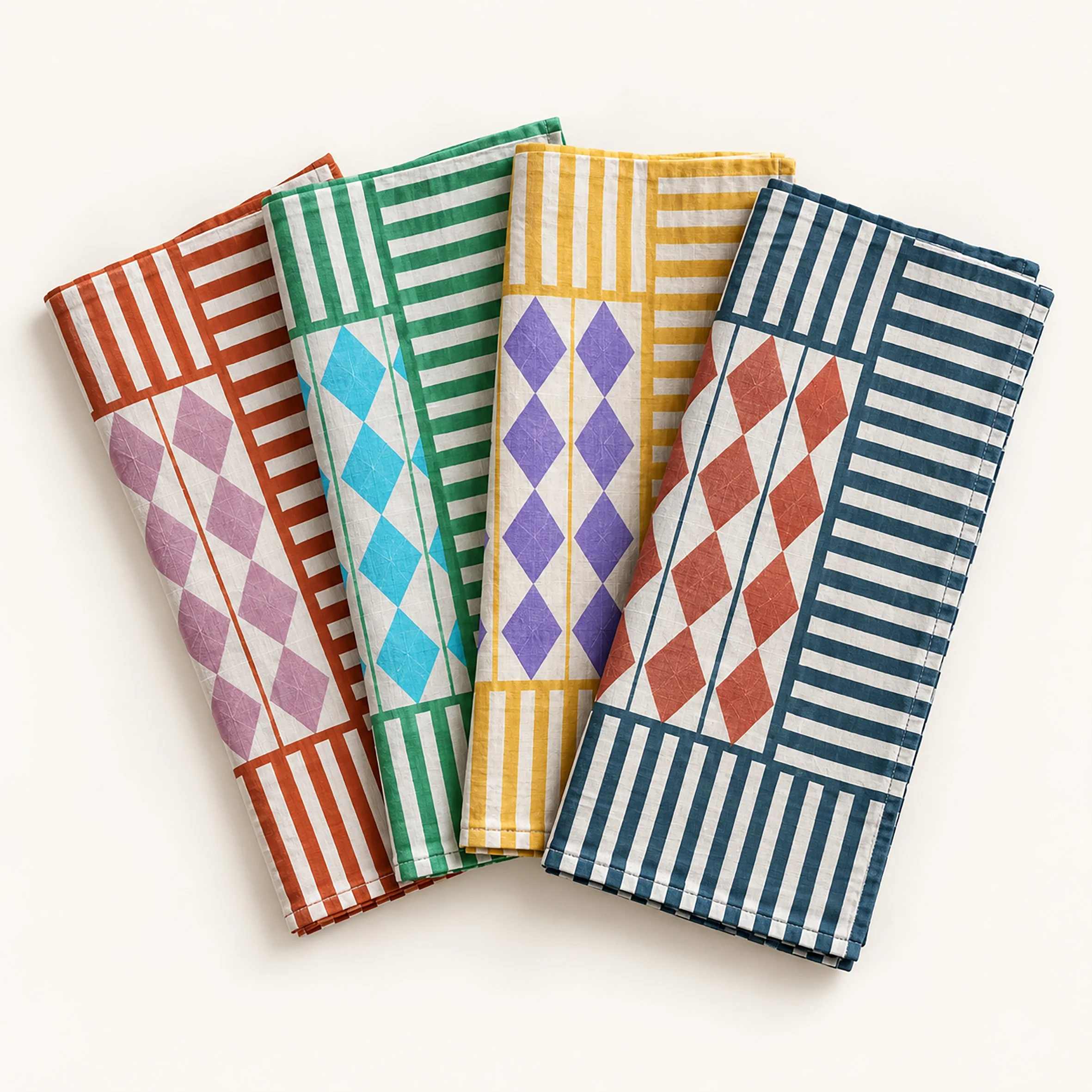 "Set of Four Stripe & Diamond" Linen Napkins