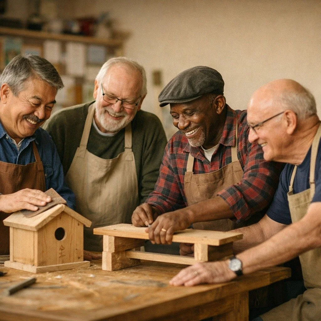 Four older men in a workshop, smiling as they build simple wooden projects together at a workbench, a Men in Sheds style activity.