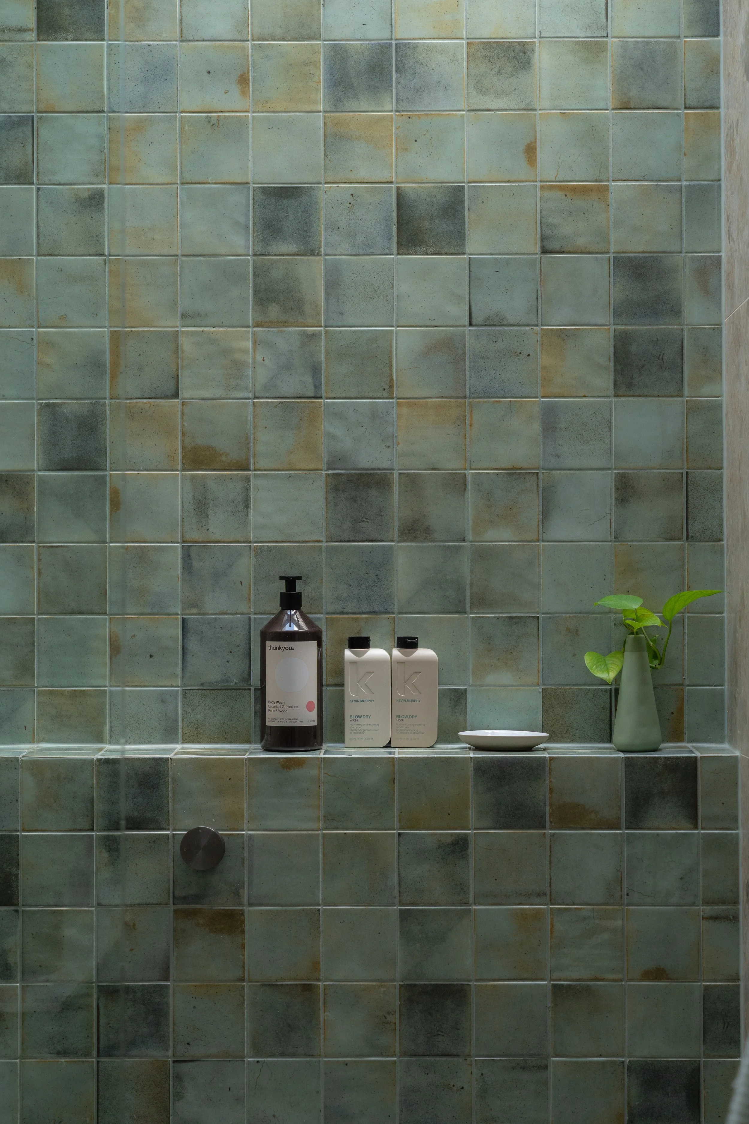 A tiled bathroom shelf with soap and shampoo bottles, a small dish, and a green vase with a plant.