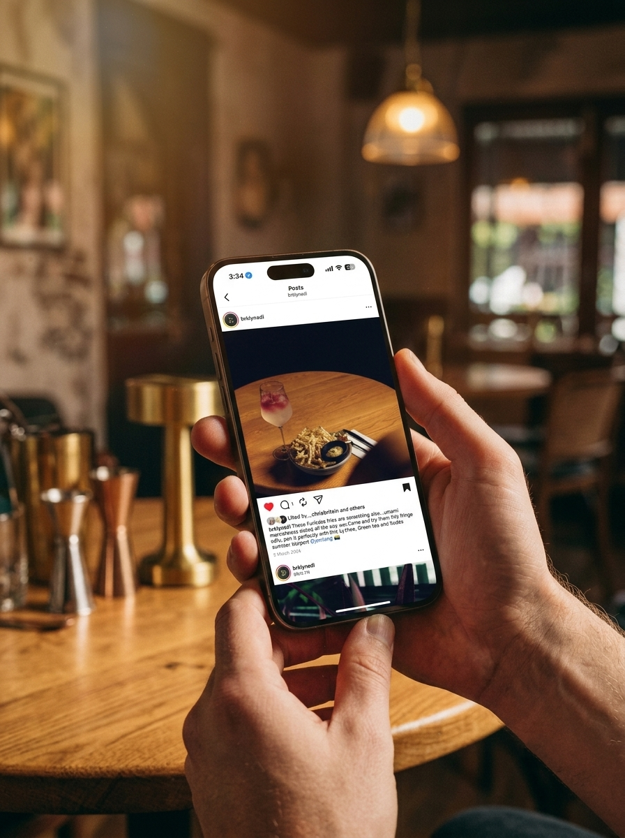 Person holding a smartphone displaying an Instagram post with a food and drink photo inside a cozy restaurant or cafe.