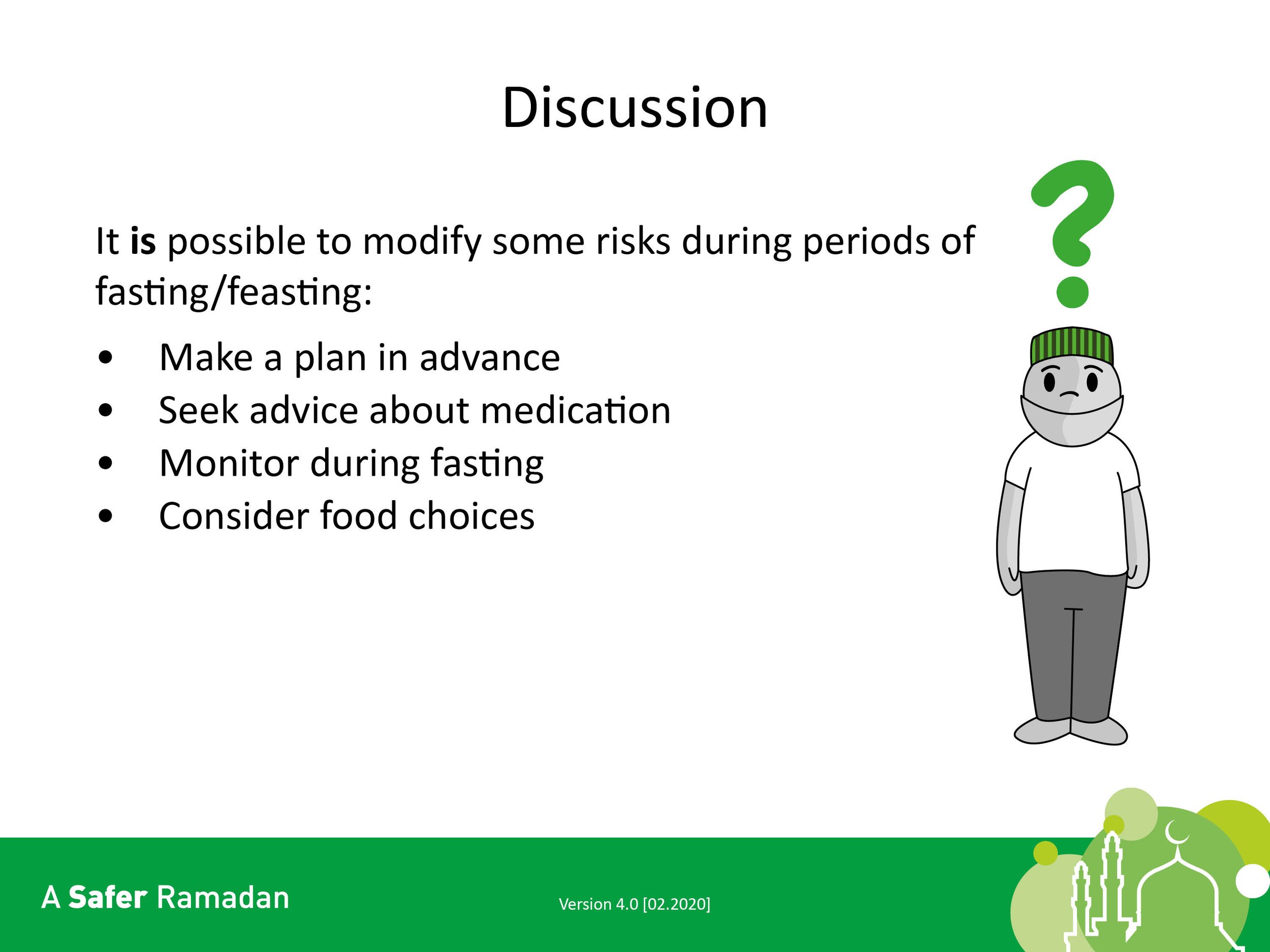 Image titled "Discussion" with text about modifying risks during fasting: Make a plan in advance, seek advice about medication, monitor during fasting, and consider food choices. Includes a cartoon person with a question mark above their head. Bottom
