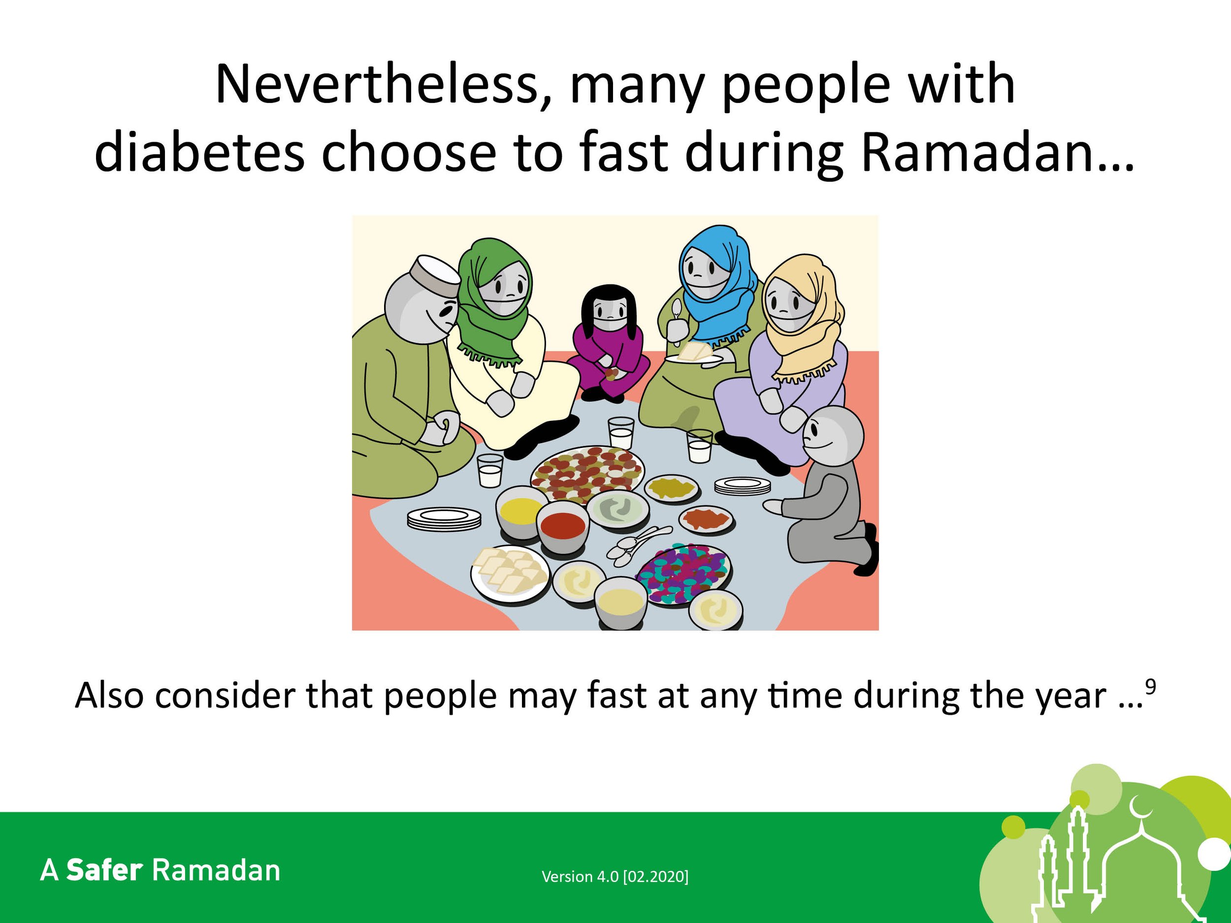 Illustration of a family sitting together with various foods for Iftar, with text discussing fasting during Ramadan for people with diabetes.