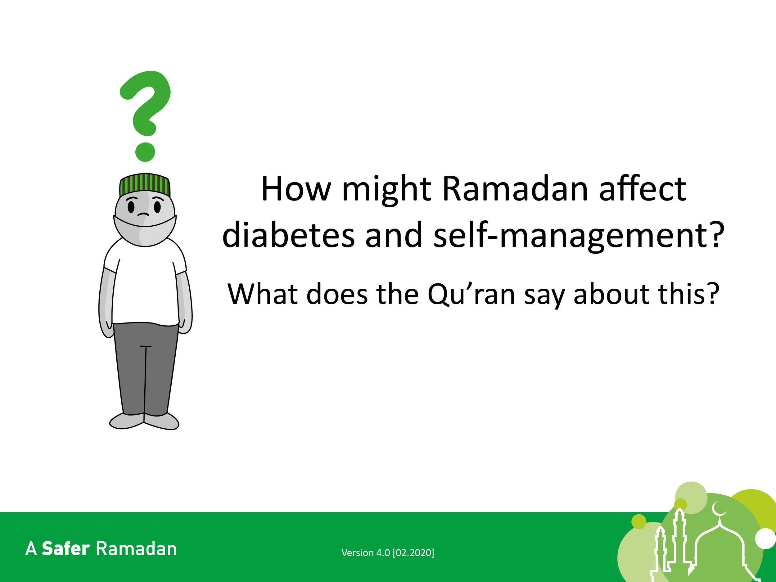 Illustration of a person with a question mark above their head, accompanied by text asking how Ramadan affects diabetes and self-management, along with a query about the Qur'an's perspective. Bottom section displays "A Safer Ramadan" and version 4.0