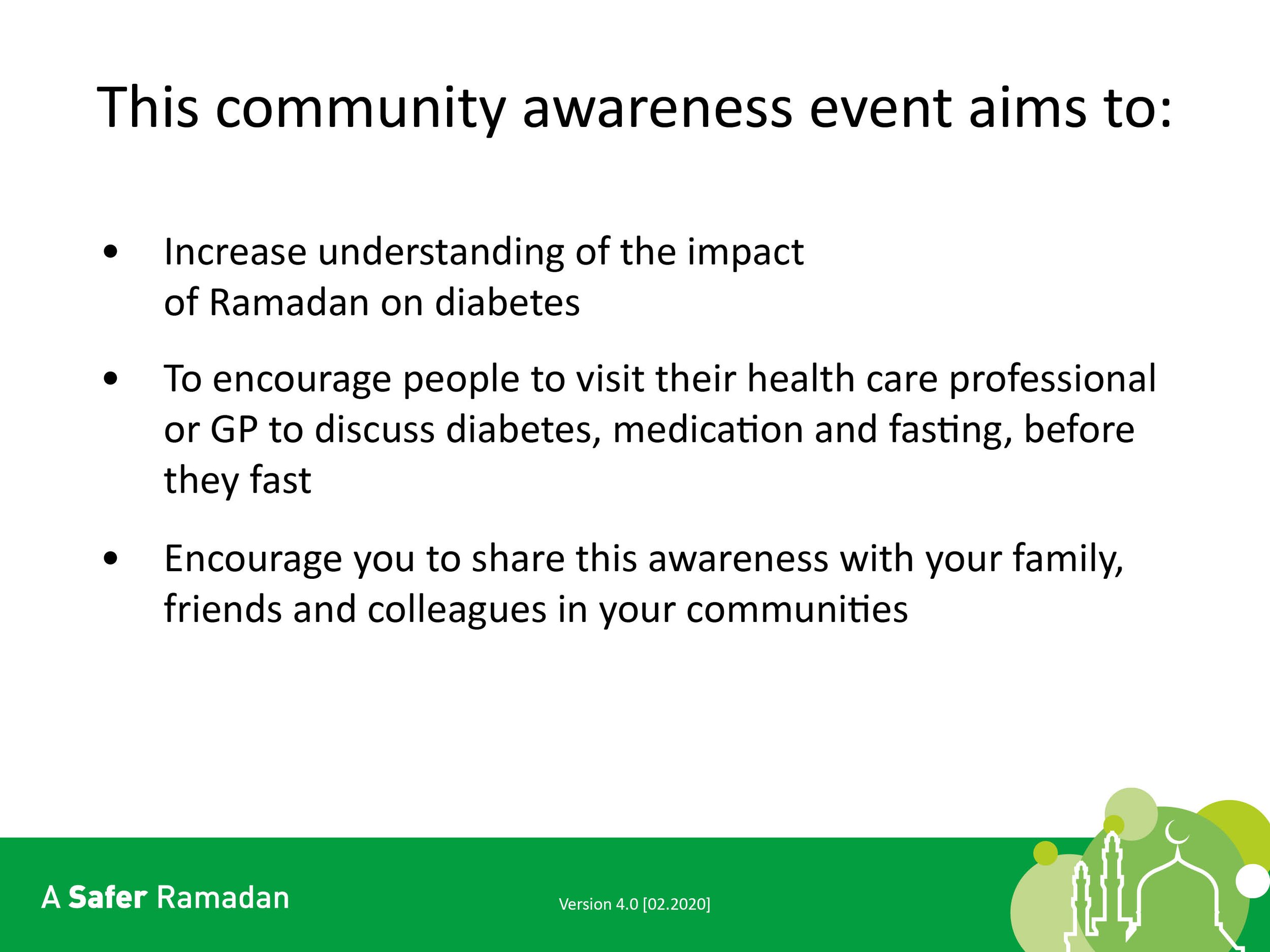 A community awareness event poster focused on raising understanding of Ramadan's impact on diabetes, encouraging consultations with healthcare professionals about fasting, and sharing awareness with communities. Titled 'A Safer Ramadan.'"}